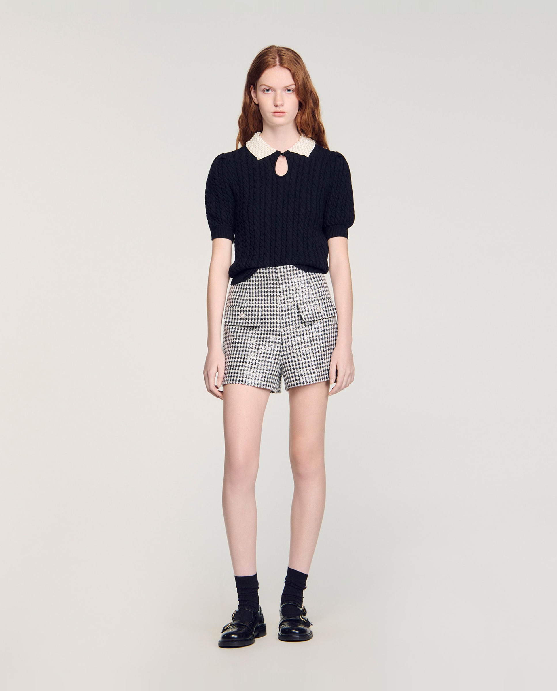 Jersey de mujer trenzado con cuello bordado perlas - Sandro - Negro Negro-5