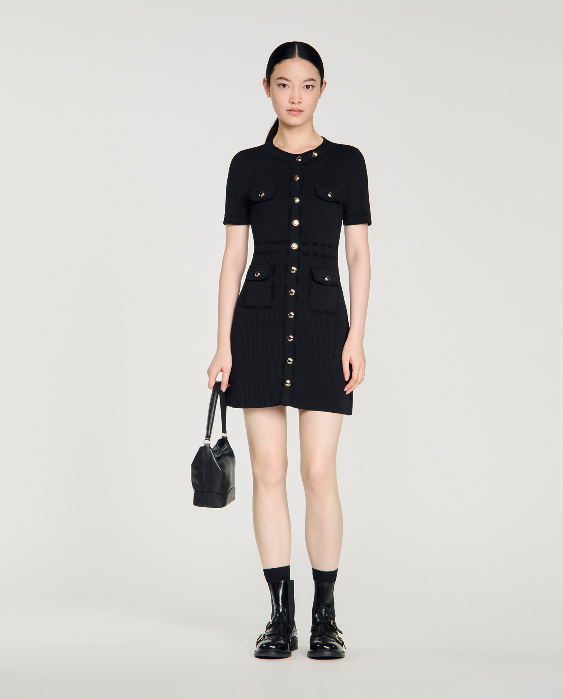 Vestido corto de punto abotonado - Sandro - Negro Negro-2