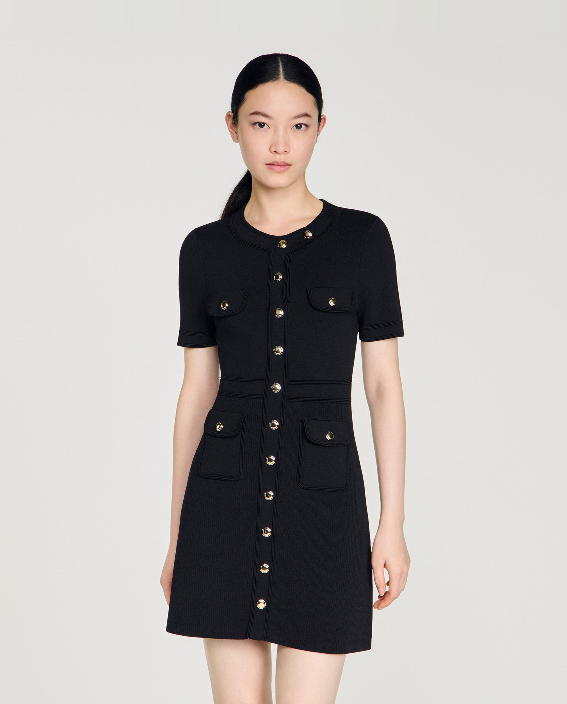 Vestido corto de punto abotonado - Sandro - Negro Negro-4