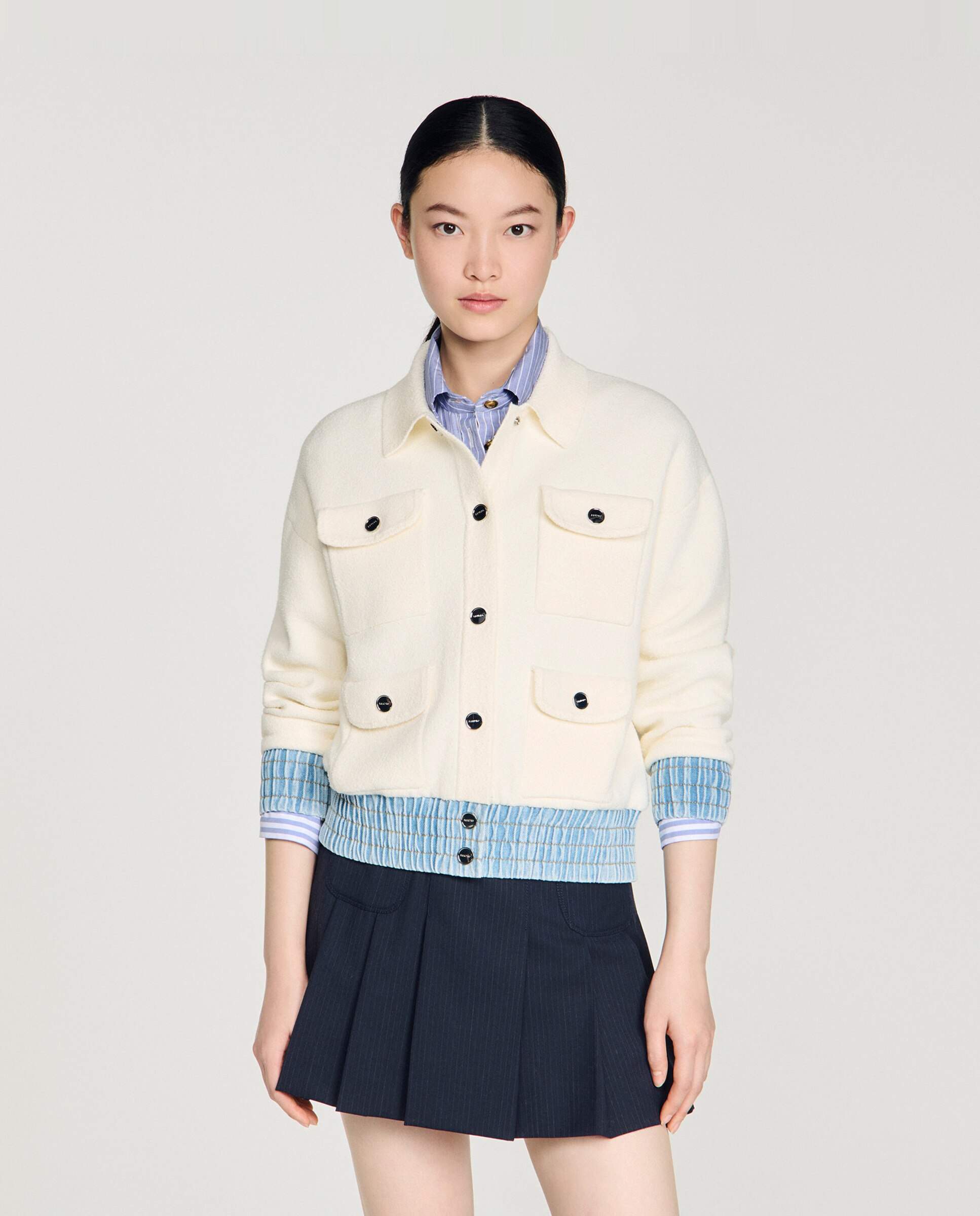 Imagen 0 de Cárdigan de punto de mujer con cuello camisero y detalles vaqueros Blanco / Azul