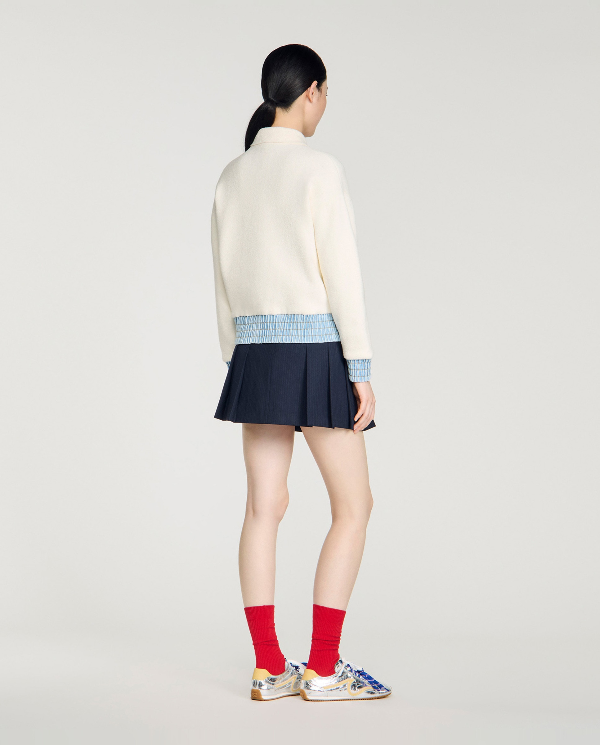 Cárdigan de punto de mujer con cuello camisero y detalles vaqueros - Sandro - Blanco / Azul Blanco / Azul-2