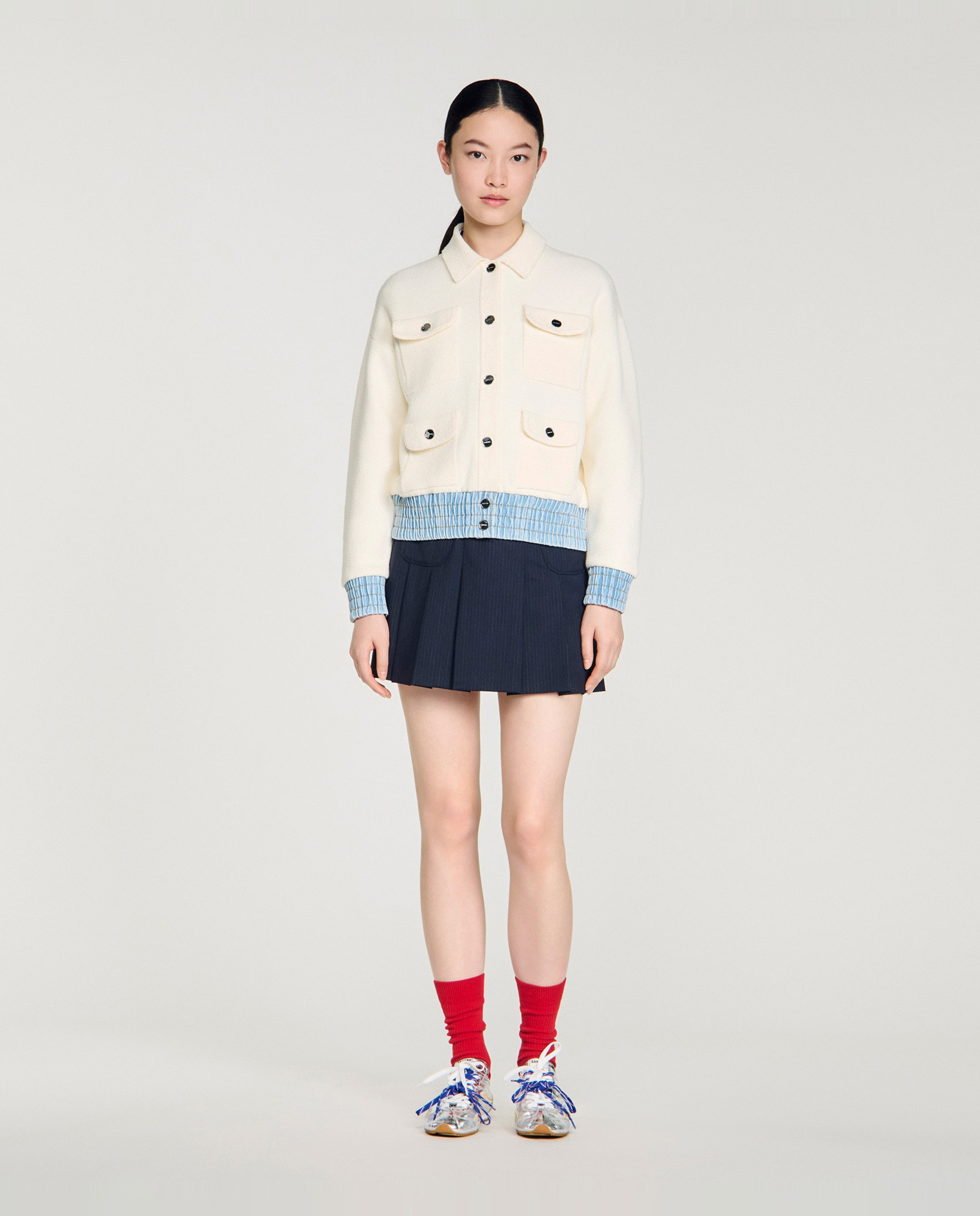 Cárdigan de punto de mujer con cuello camisero y detalles vaqueros - Sandro - Blanco / Azul Blanco / Azul-3