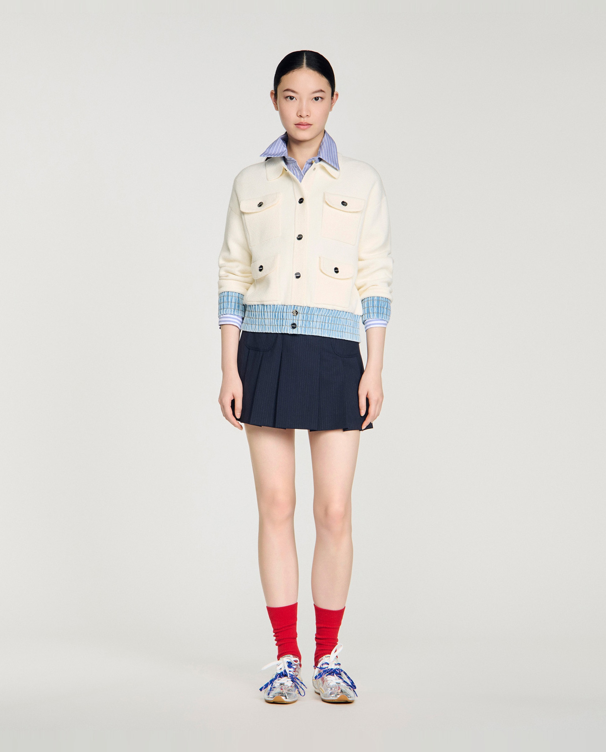 Cárdigan de punto de mujer con cuello camisero y detalles vaqueros - Sandro - Blanco / Azul Blanco / Azul-4