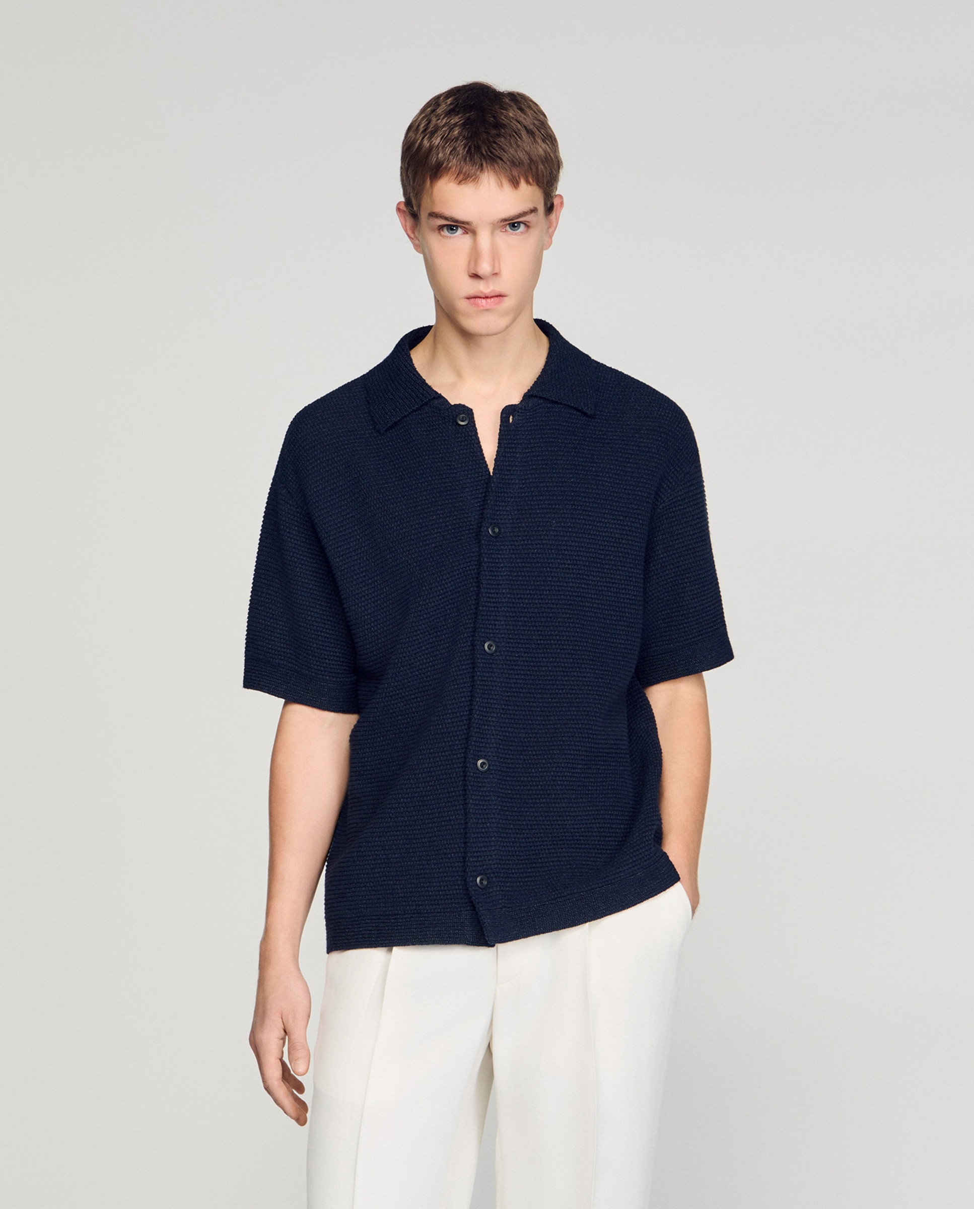 Polo de manga corta hombre efecto yute oversize - Sandro - Azul marino Azul marino-1
