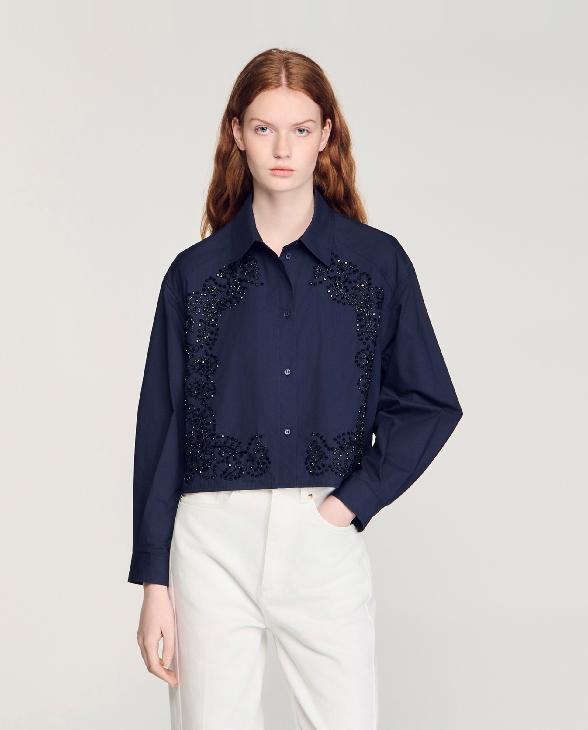 Camisa de mujer 100% algodón bordada floral - Sandro - Azul marino Azul marino-1