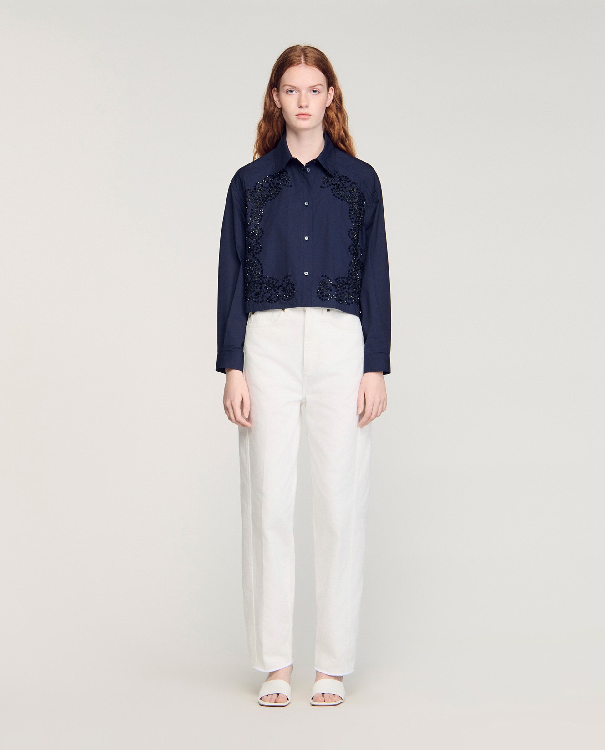 Camisa de mujer 100% algodón bordada floral - Sandro - Azul marino Azul marino-3
