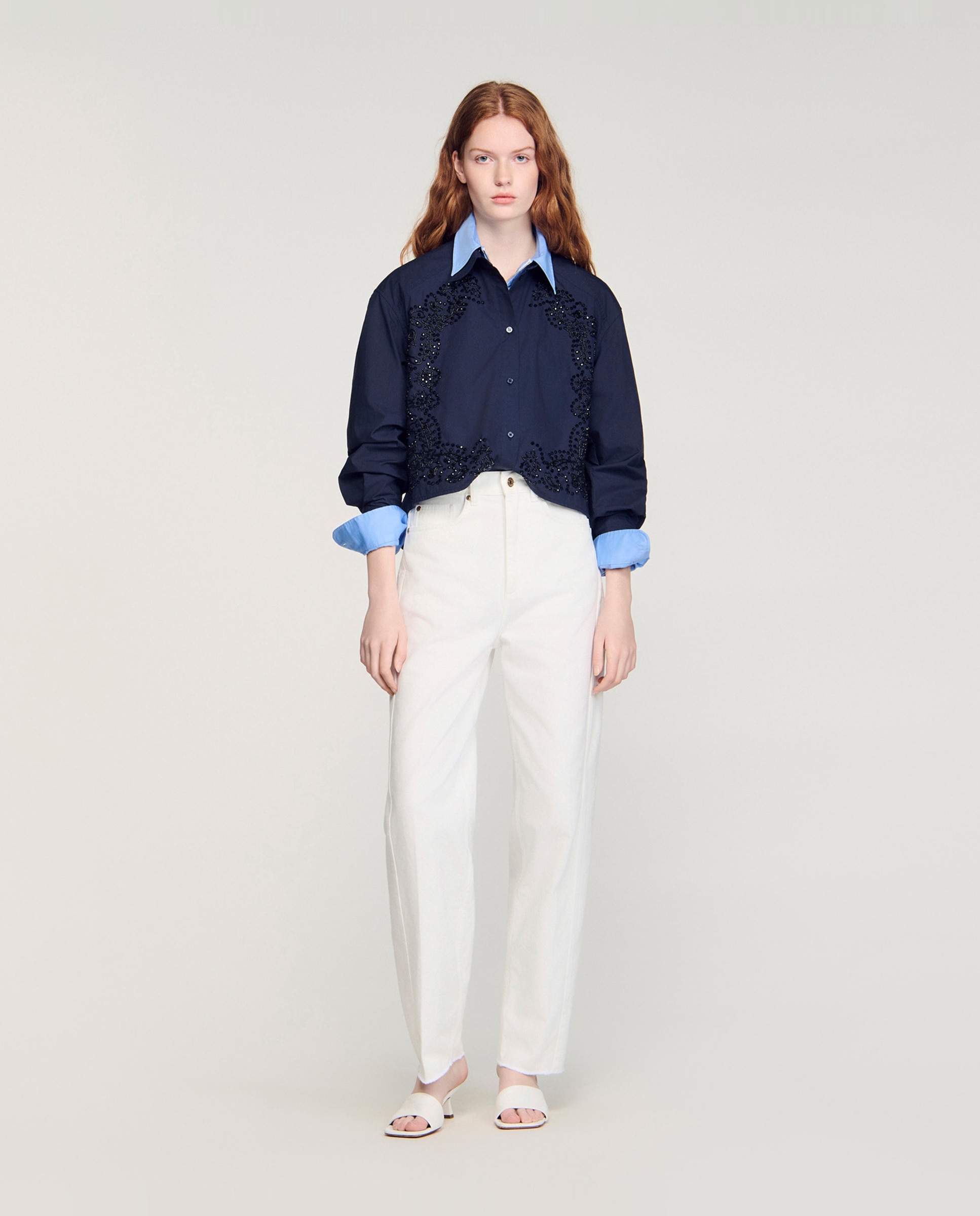 Camisa de mujer 100% algodón bordada floral - Sandro - Azul marino Azul marino-4