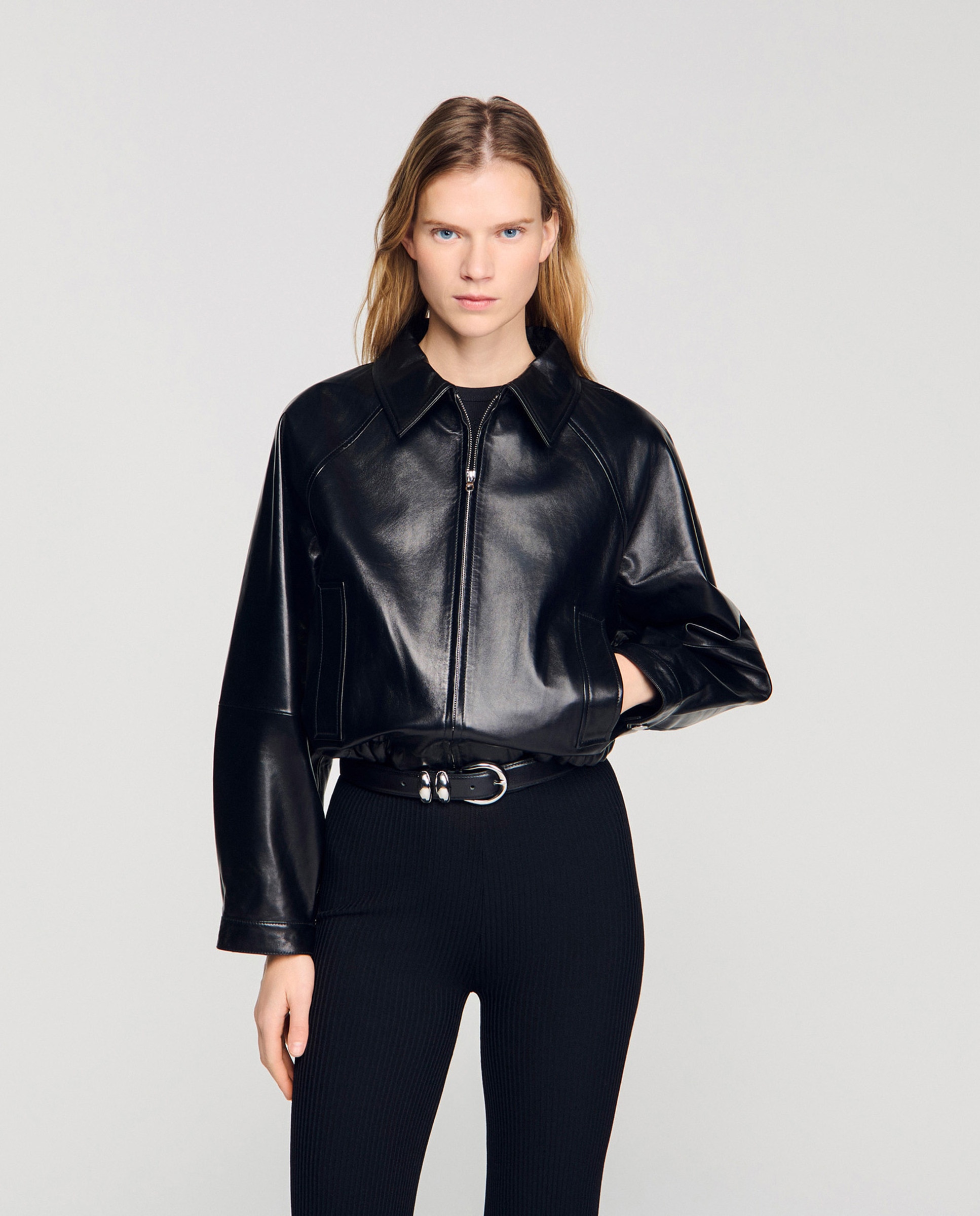 Cazadora ancha de mujer de piel de cordero - Sandro - Negro Negro-1