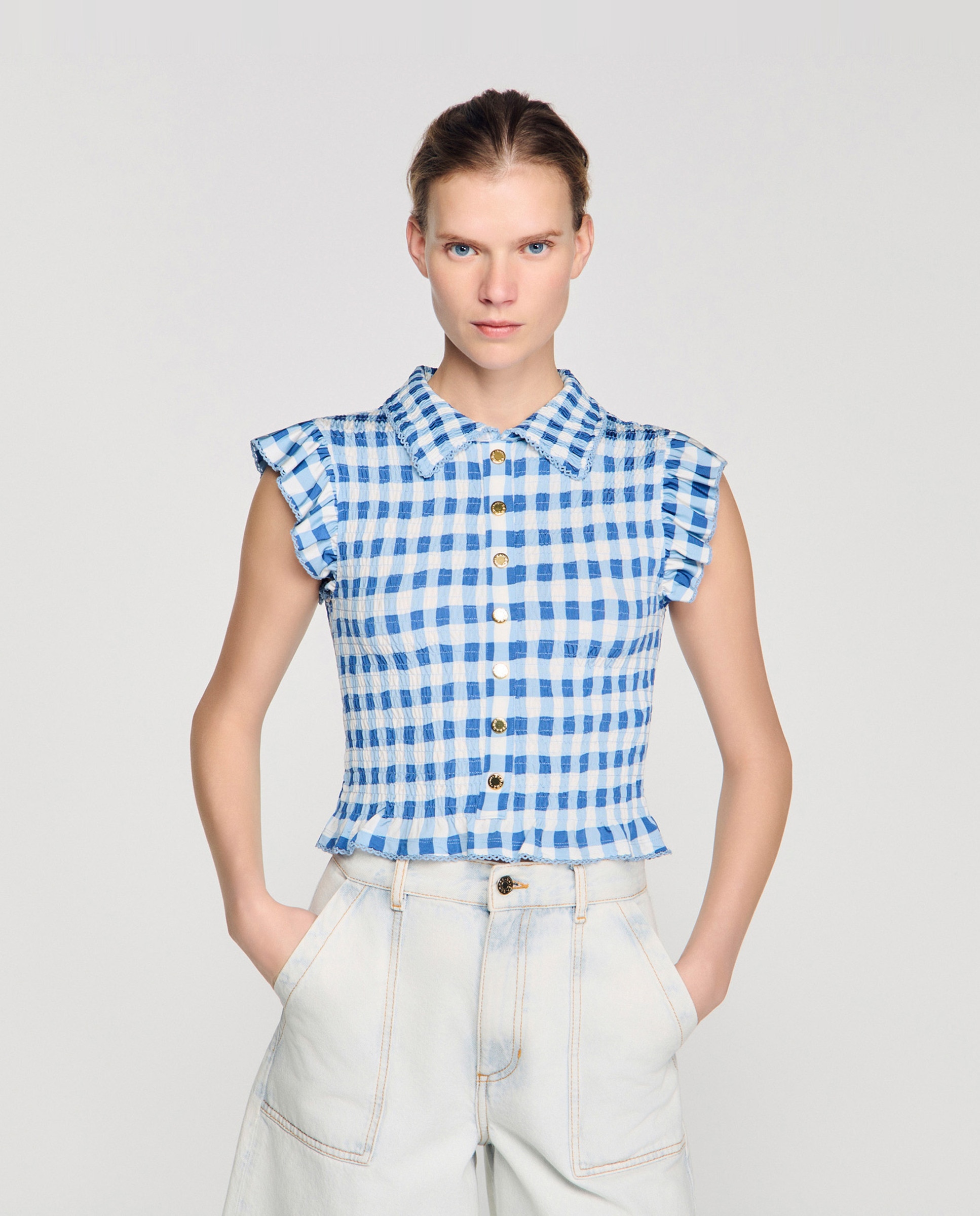 Sandro - Camiseta de mujer fruncida de cuadros vichy.