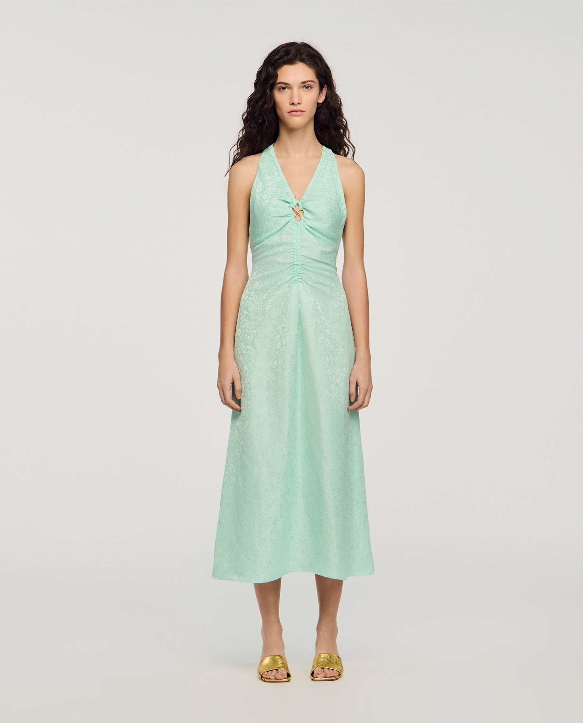 Vestido midi de jacquard estampado floral con escote de pico - Sandro - Verde Agua Verde Agua-1