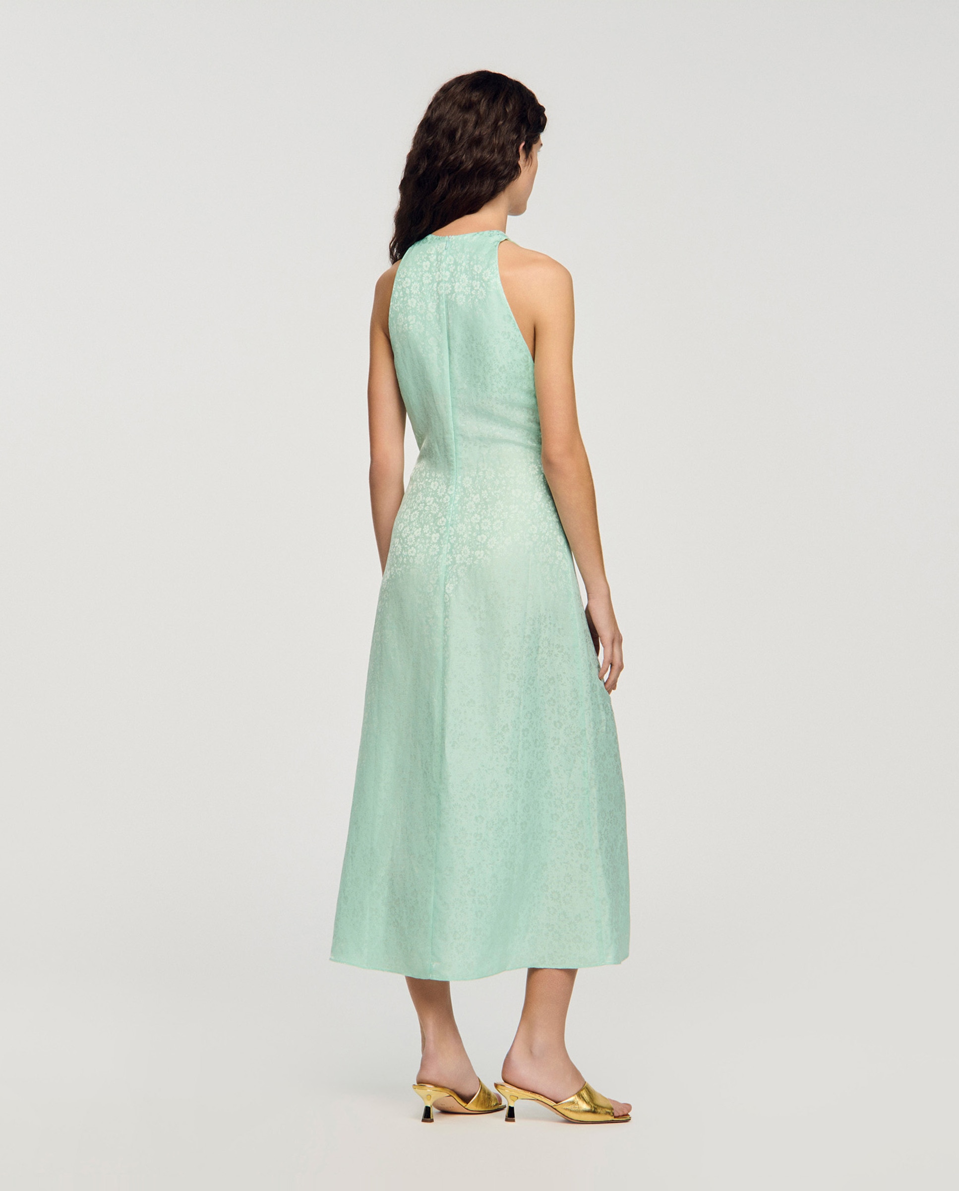 Vestido midi de jacquard estampado floral con escote de pico - Sandro - Verde Agua Verde Agua-2