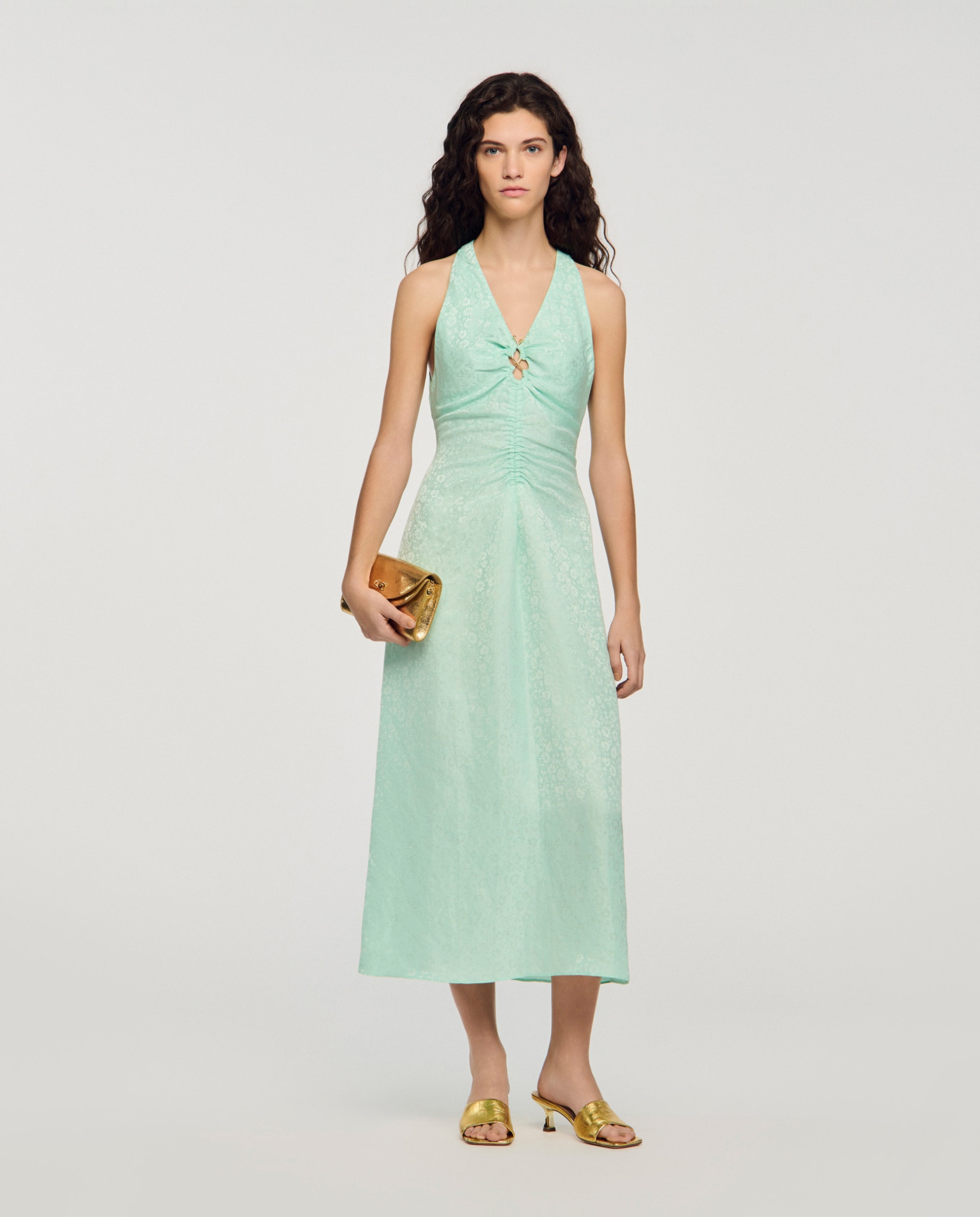 Vestido midi de jacquard estampado floral con escote de pico - Sandro - Verde Agua Verde Agua-3