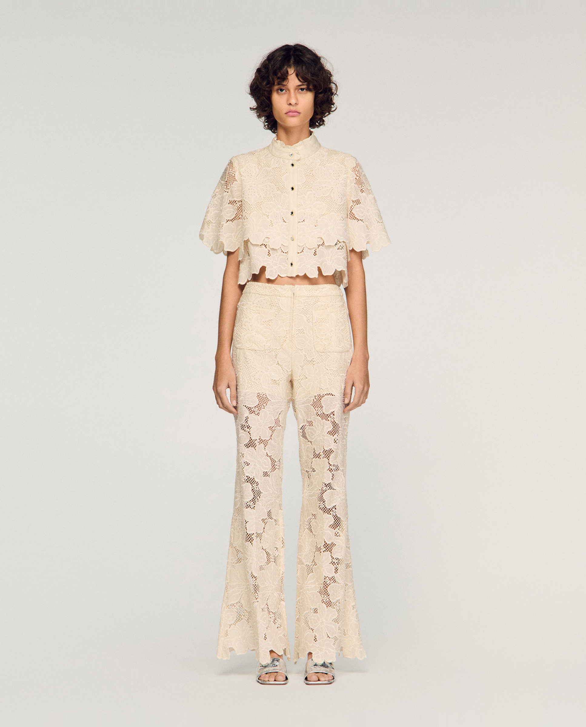 Pantalones de campana de mujer de guipur bordado talle alto - Sandro - Blanco Blanco-1