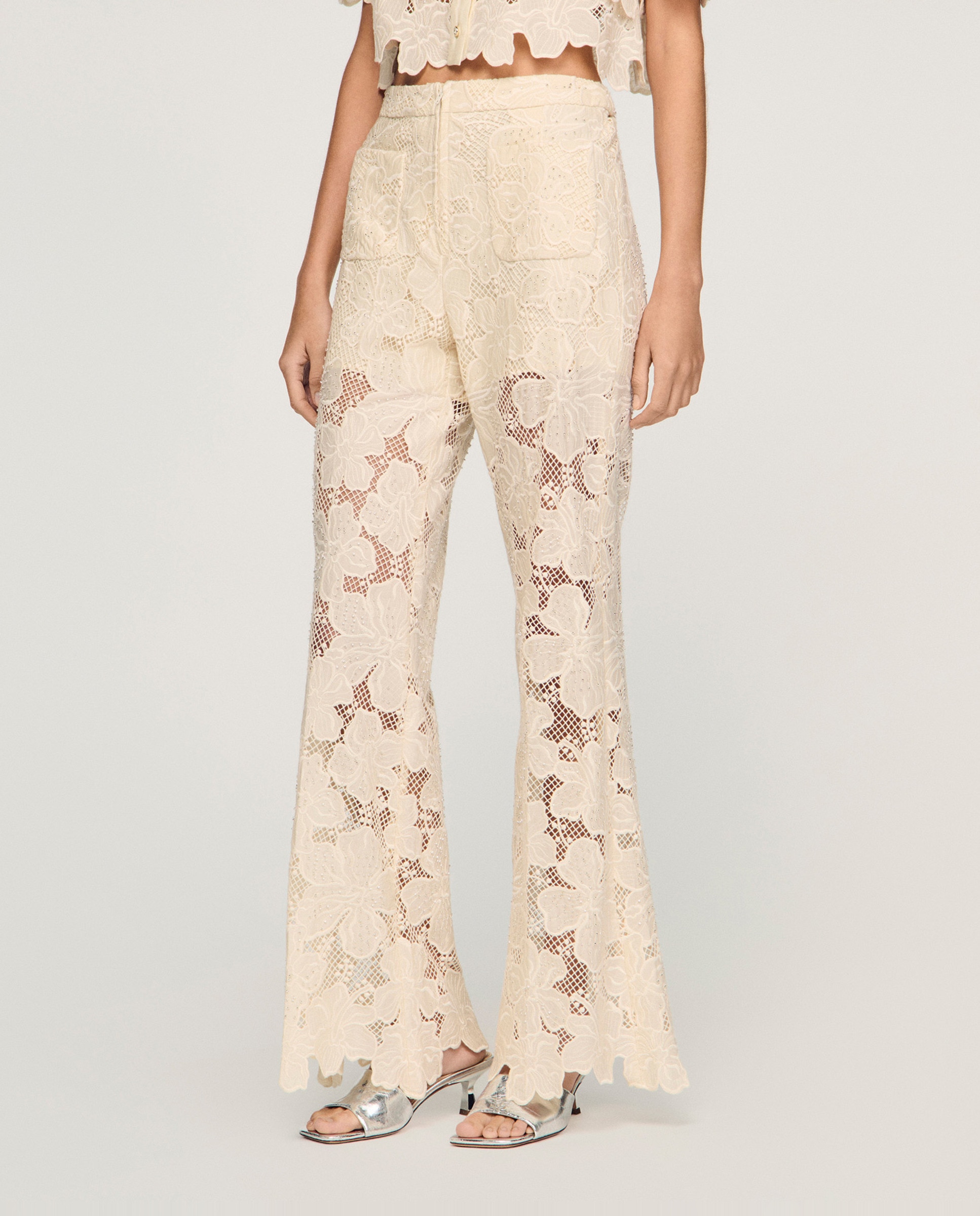 Pantalones de campana de mujer de guipur bordado talle alto - Sandro - Blanco Blanco-2