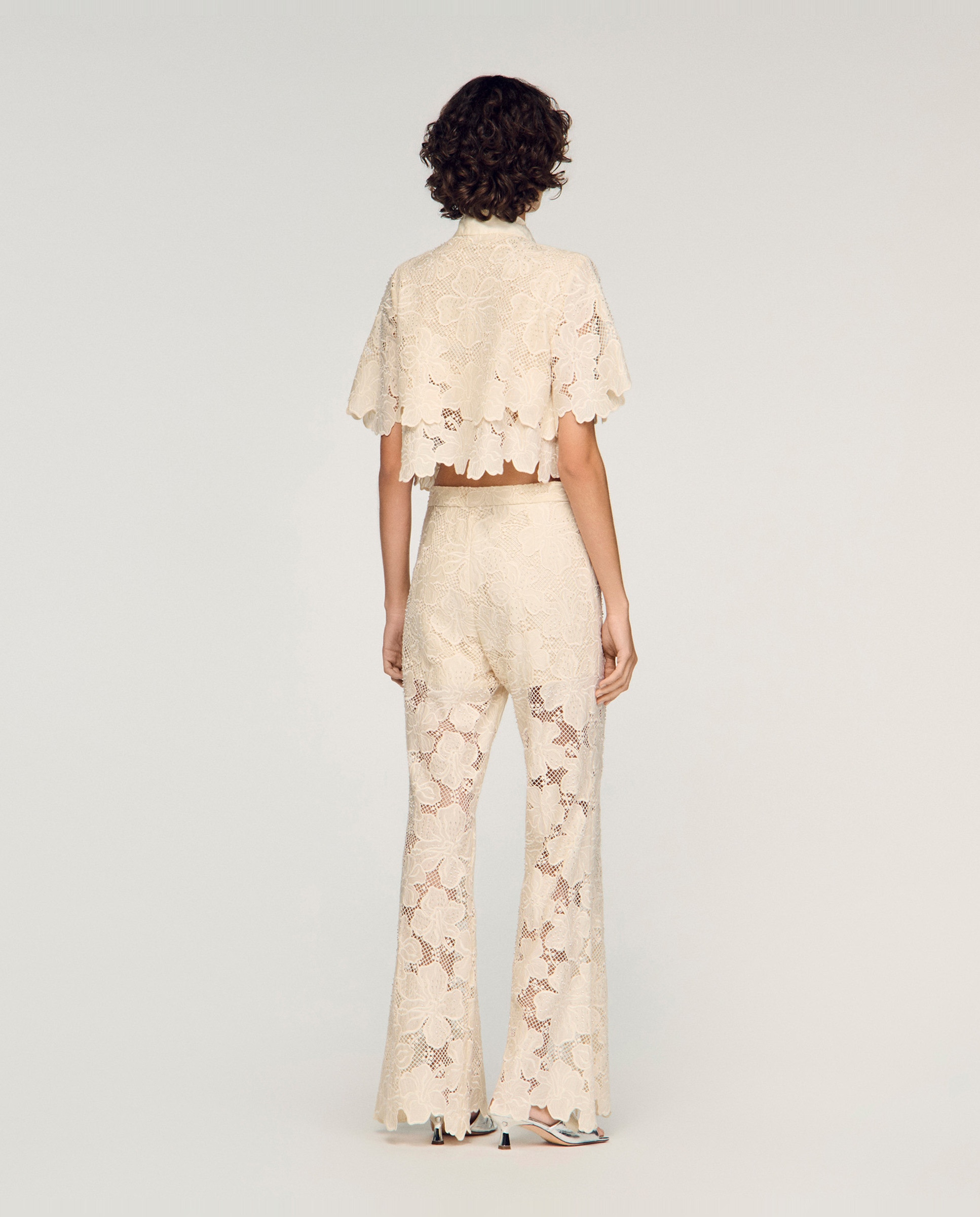 Pantalones de campana de mujer de guipur bordado talle alto - Sandro - Blanco Blanco-3