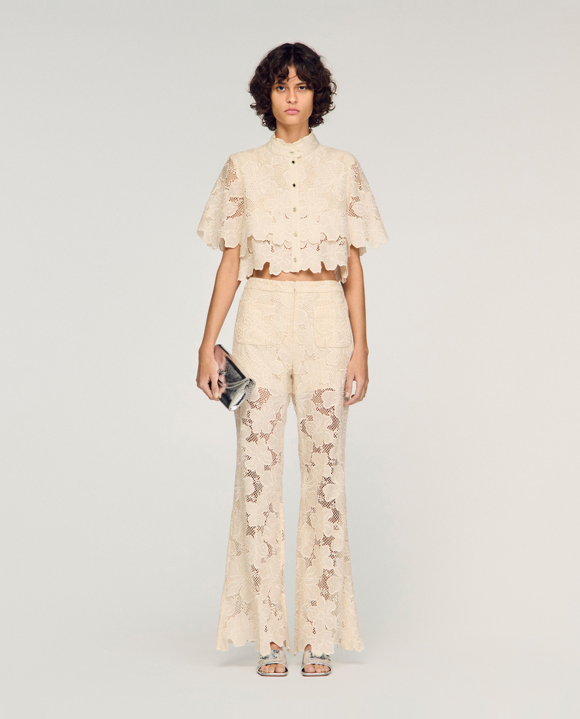 Pantalones de campana de mujer de guipur bordado talle alto - Sandro - Blanco Blanco-5