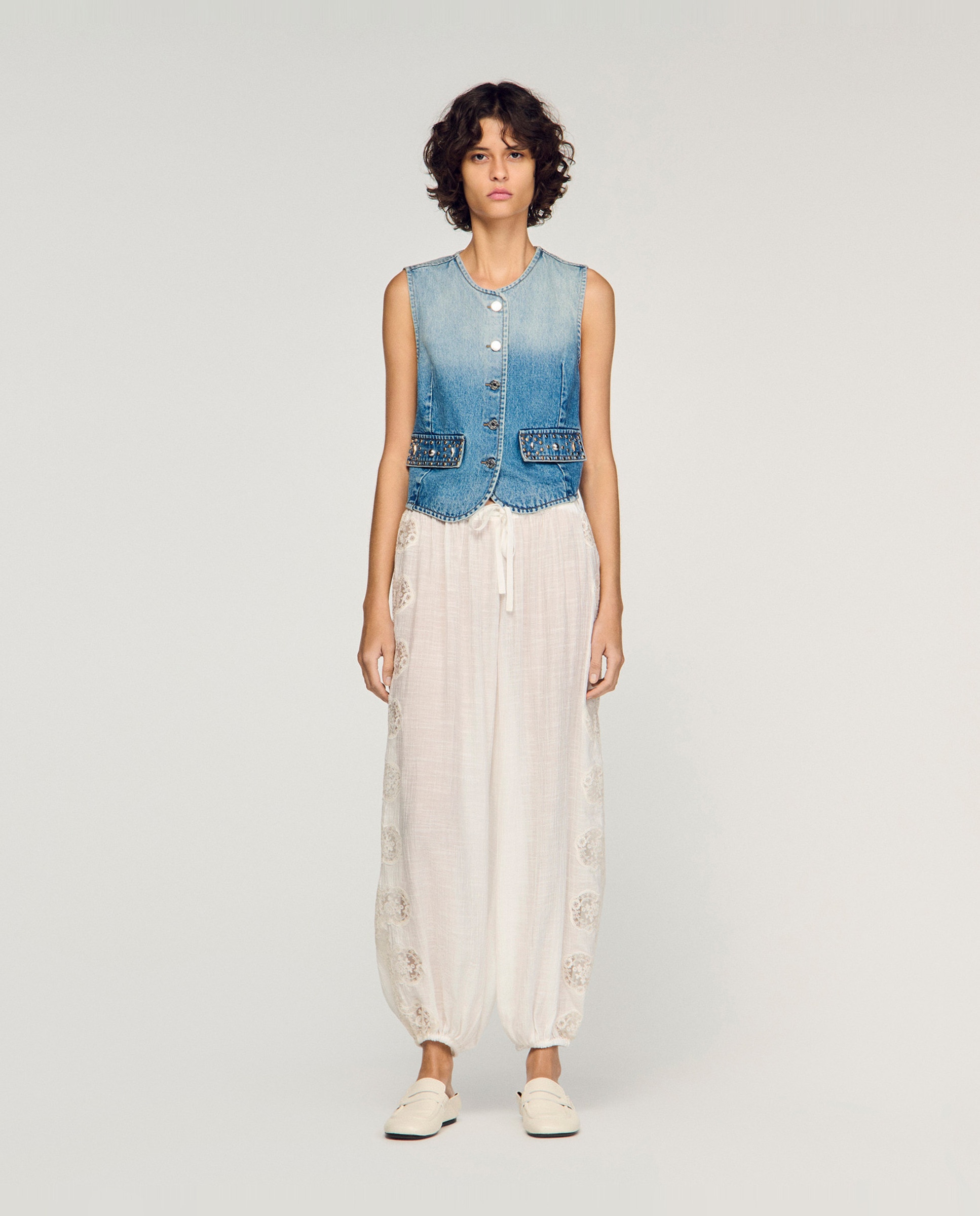 Sandro - Pantalones anchos de mujer de crepé con encaje.