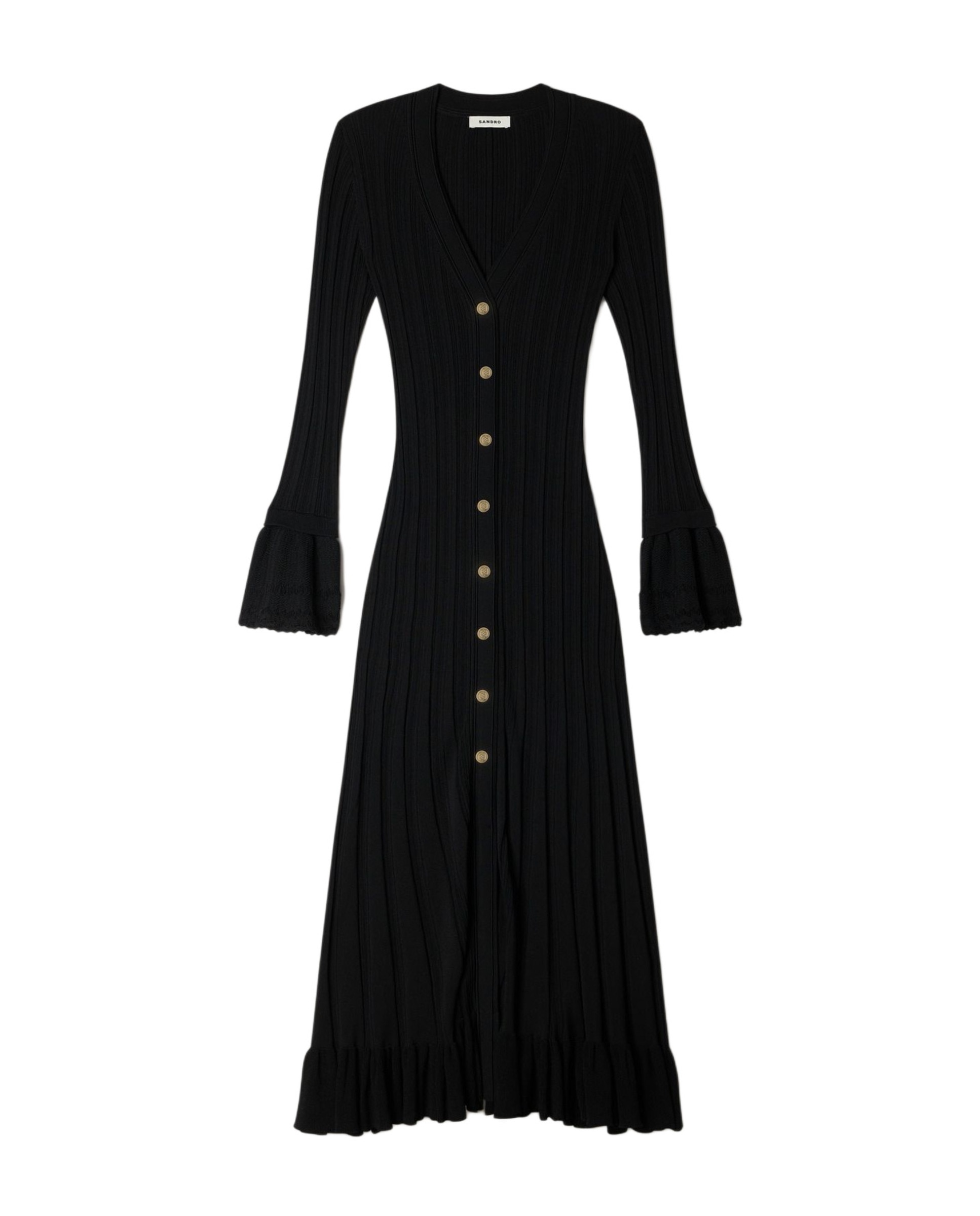 Vestido largo de punto liso con cuello pico, manga larga y volantes en puños - Sandro - Negro Negro-6