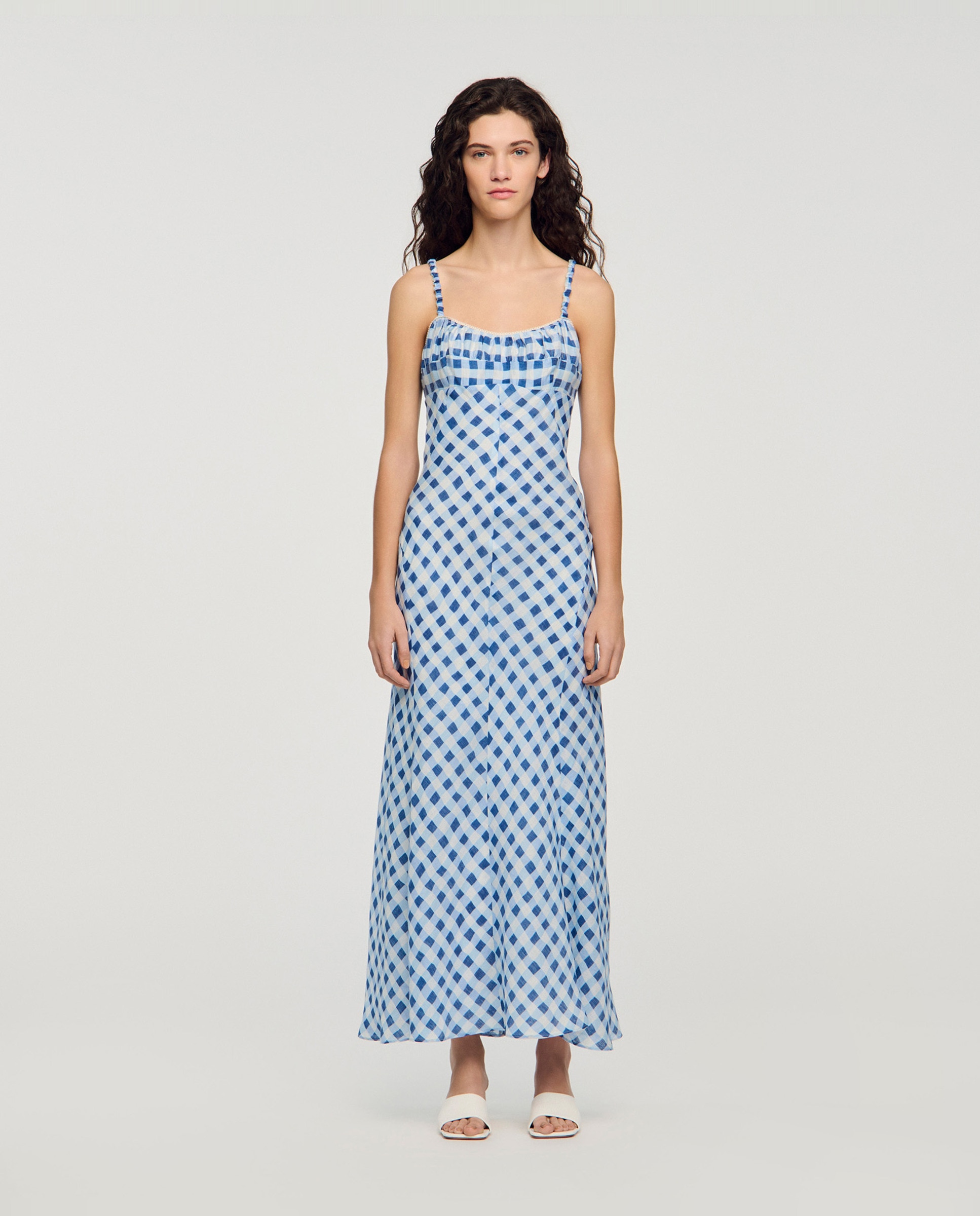 Sandro - Vestido largo vichy con tirantes con lino.