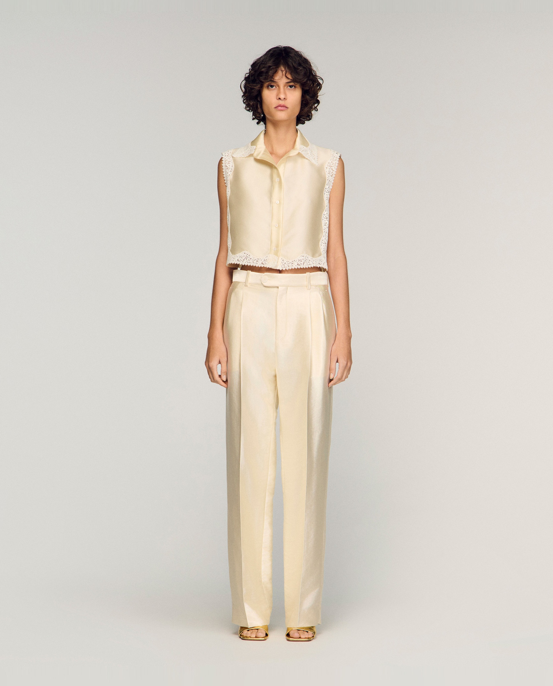Sandro - Pantalones anchos de mujer satinados de talle alto.