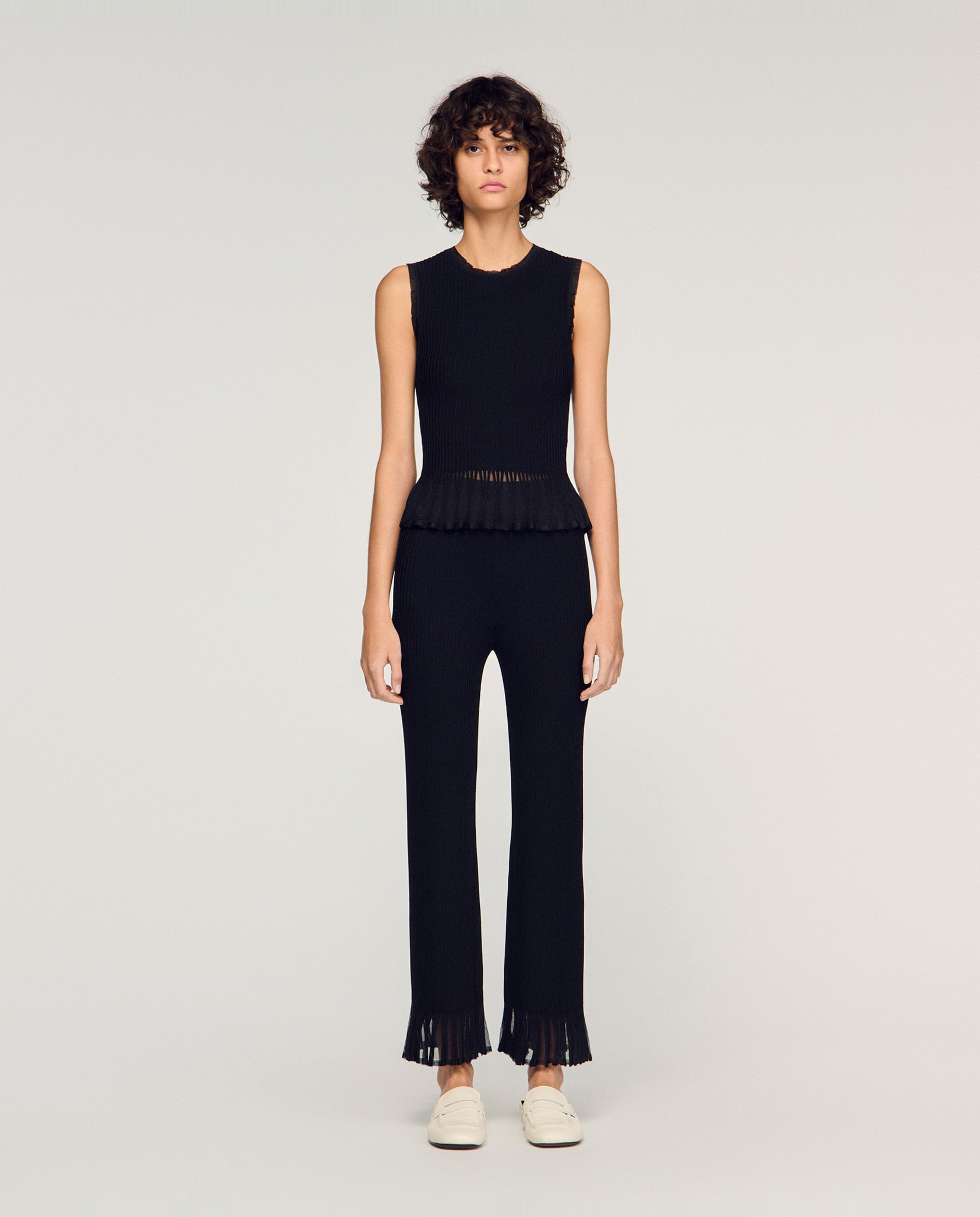 Pantalón de mujer recto con volantes - Sandro - Negro Negro-1