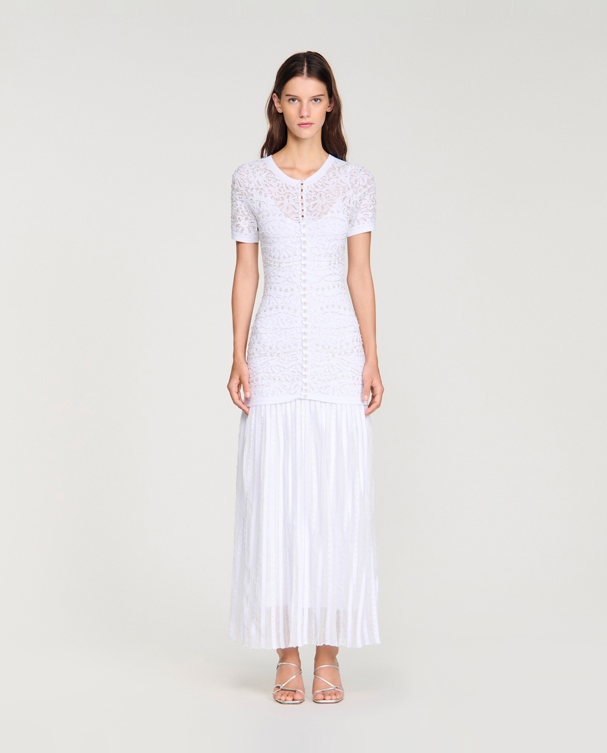 Vestido largo de punto texturizado con perlas - Sandro - Azul claro Blanco-1