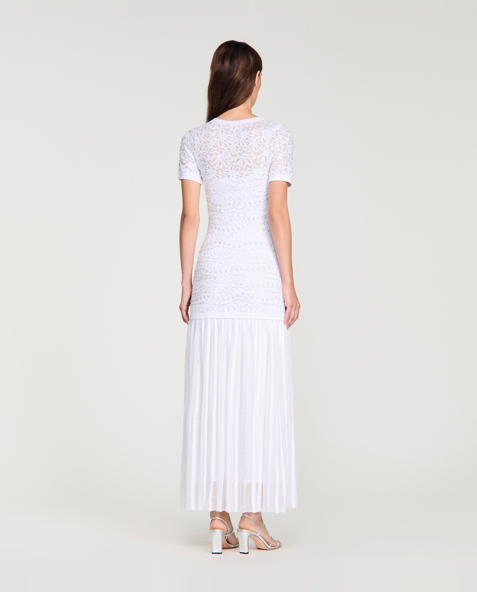 Vestido largo de punto texturizado con perlas - Sandro - Azul claro Blanco-2