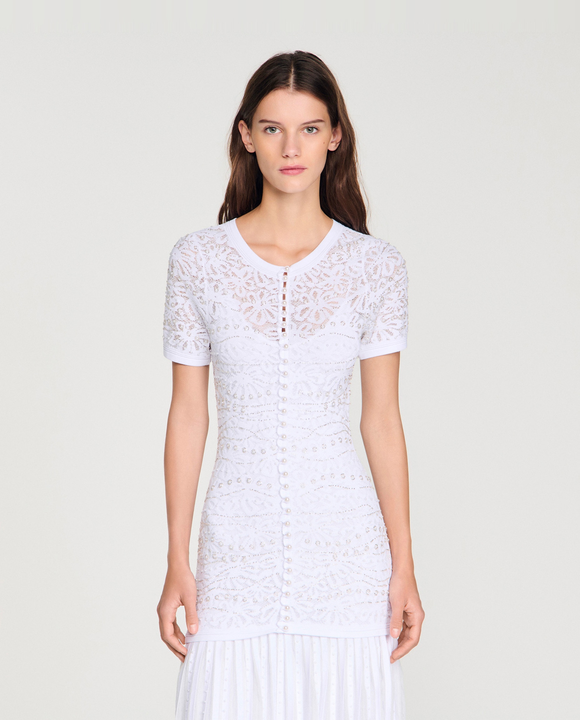 Vestido largo de punto texturizado con perlas - Sandro - Azul claro Blanco-3