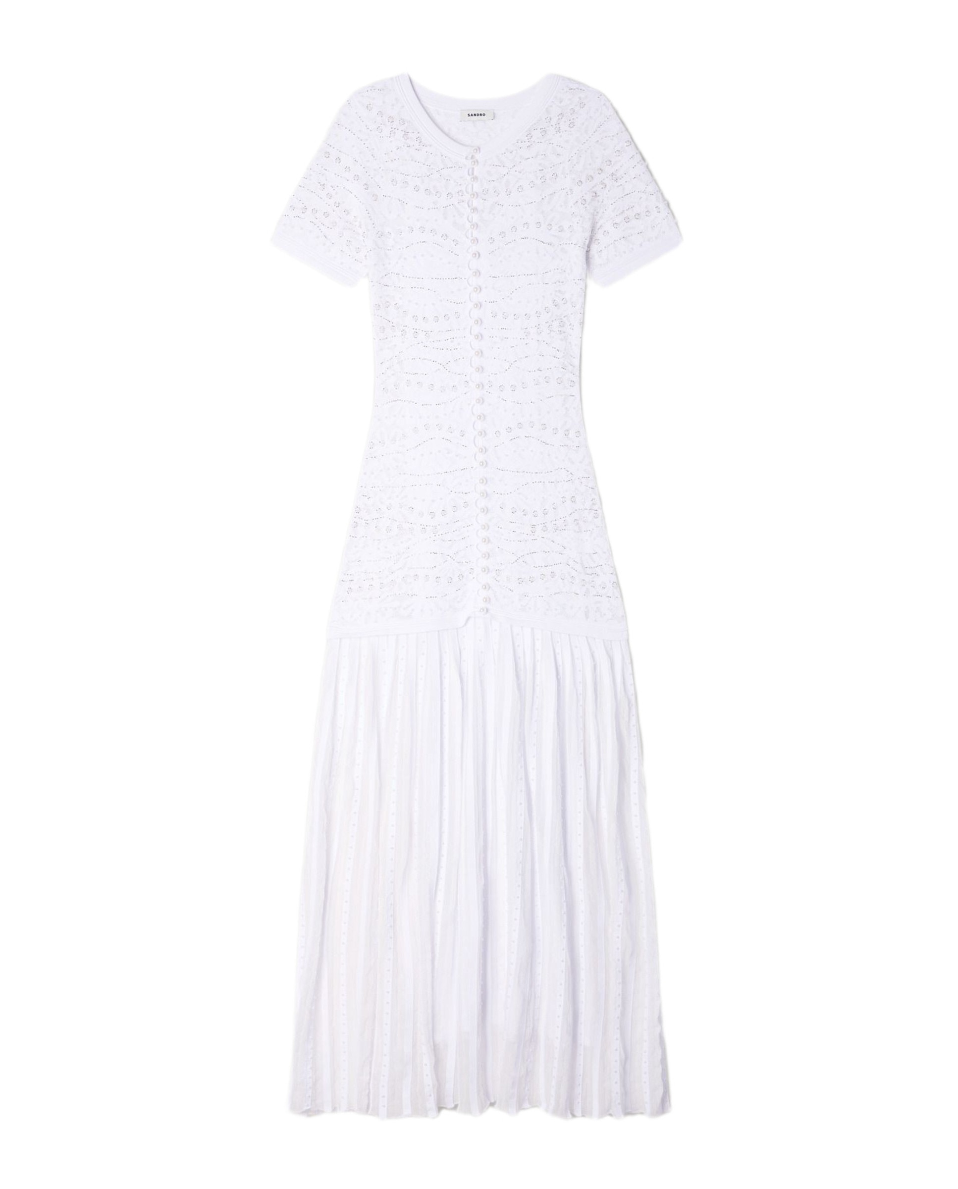 Vestido largo de punto texturizado con perlas - Sandro - Azul claro Blanco-5