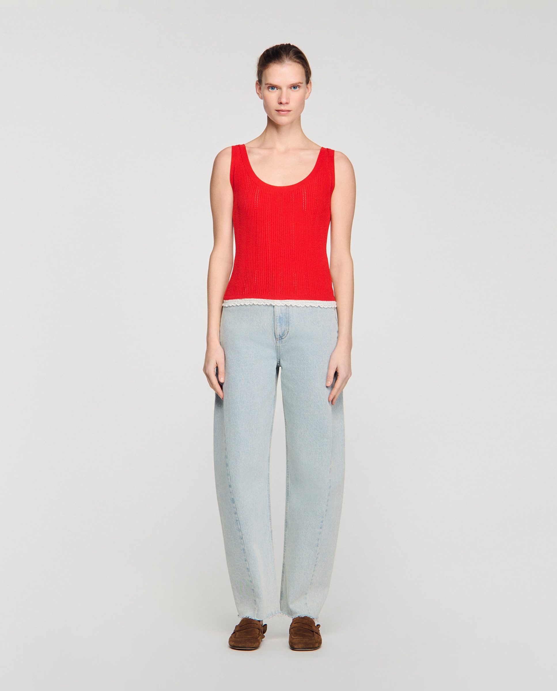 Sandro - Camiseta de tirantes de punto de mujer con encaje.