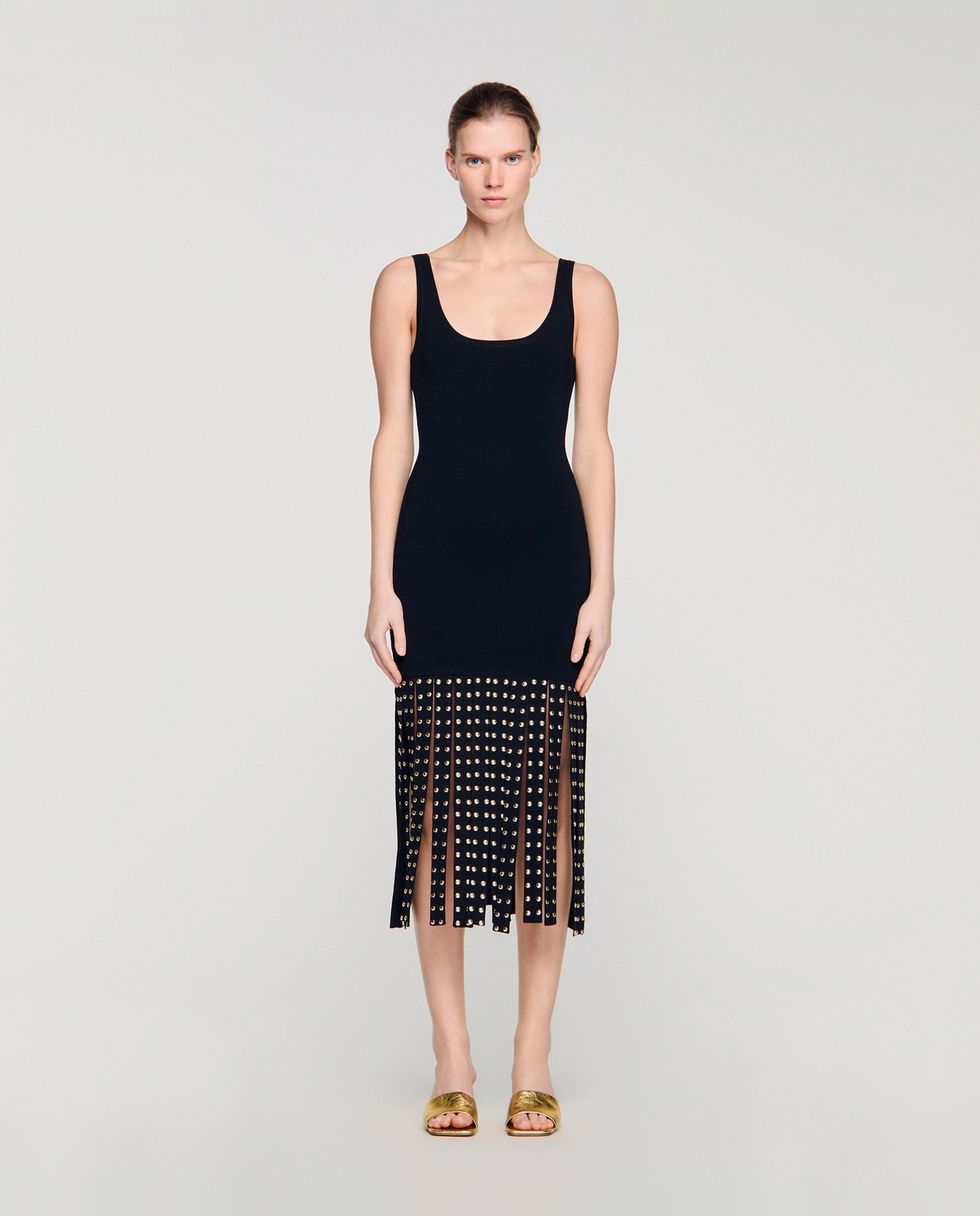Vestido largo de punto ajustado con flecos y tachuelas - Sandro - Negro Negro-1