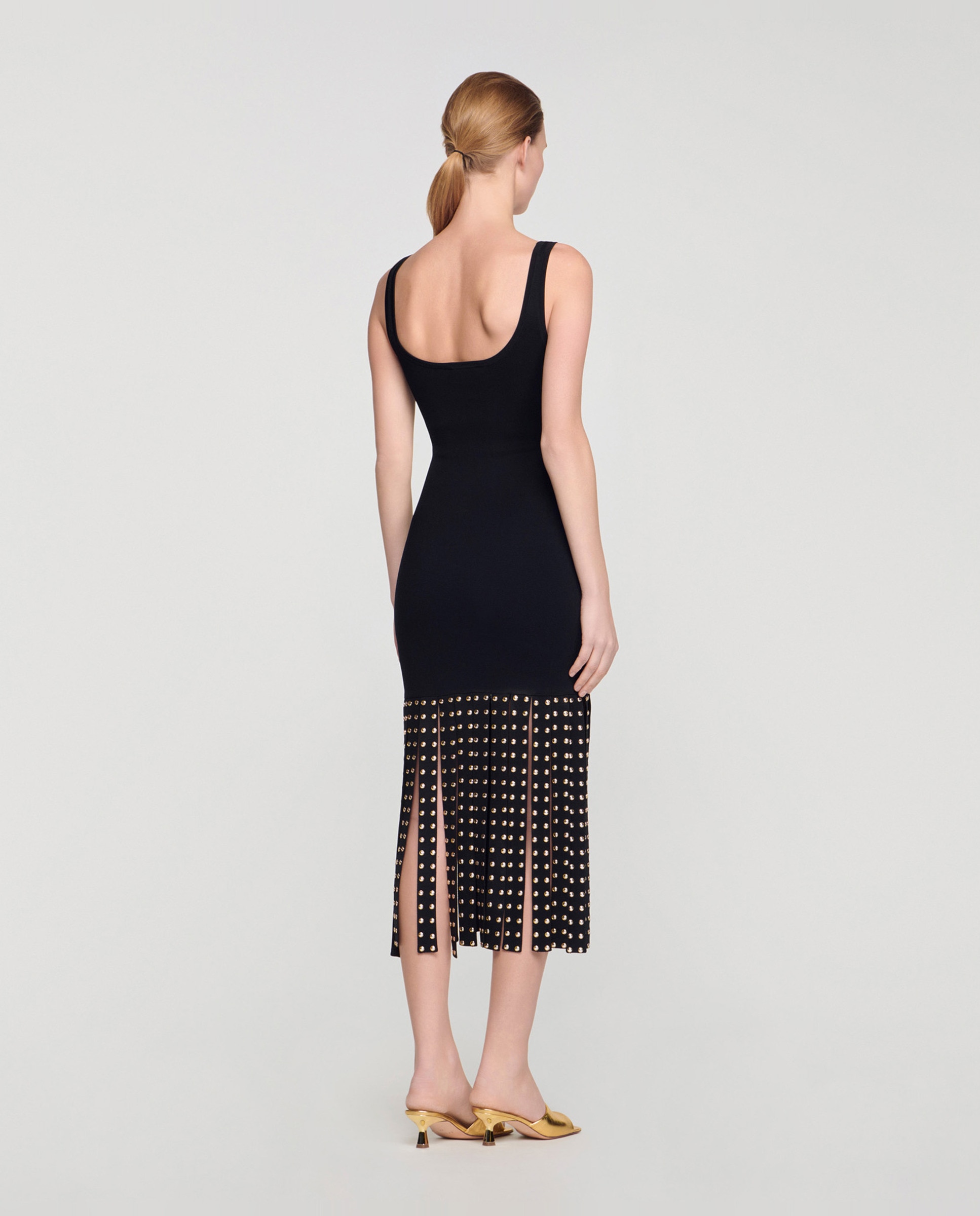 Vestido largo de punto ajustado con flecos y tachuelas - Sandro - Negro Negro-2