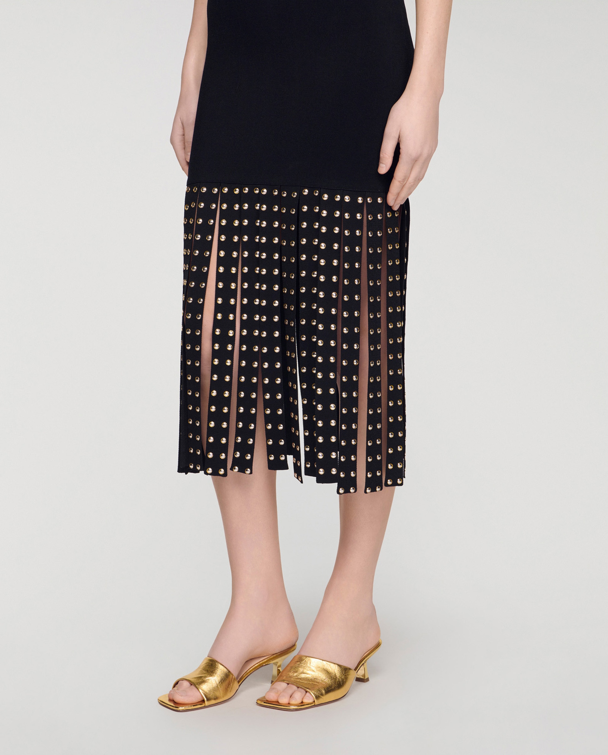 Vestido largo de punto ajustado con flecos y tachuelas - Sandro - Negro Negro-3