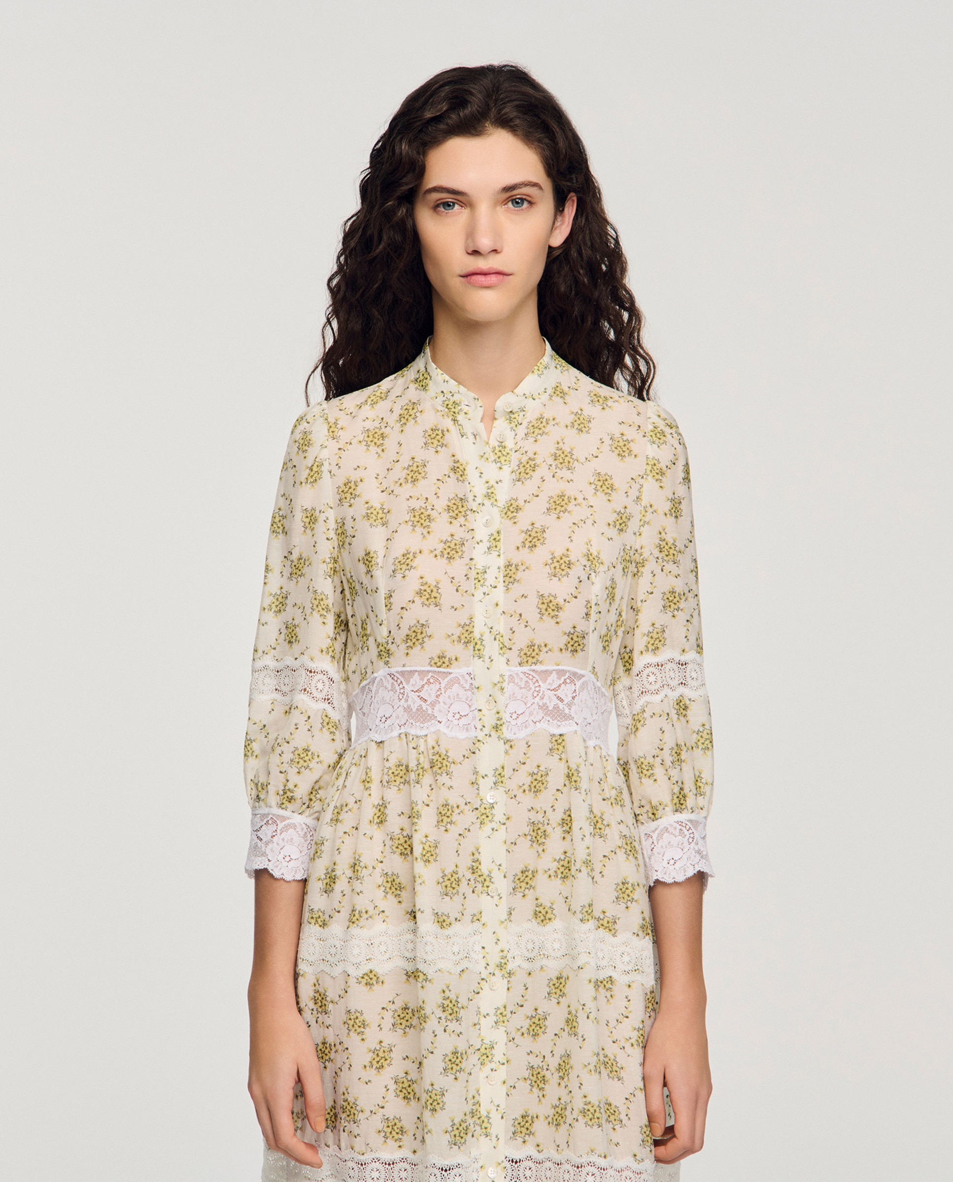 Vestido largo estampado floral con encaje - Sandro - Crudo Crudo-4