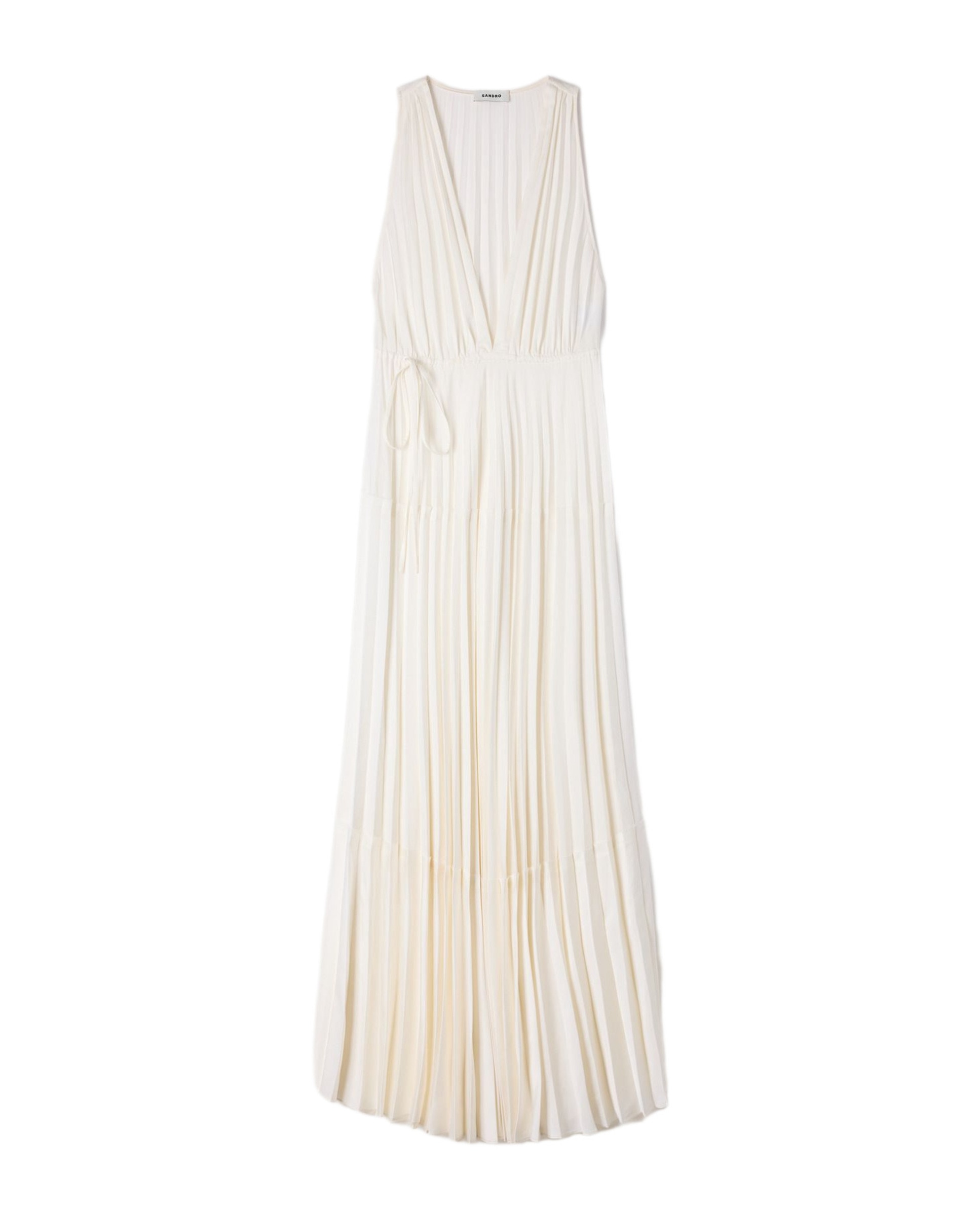 Vestido largo plisado con escote pico - Sandro - Blanco Blanco-6