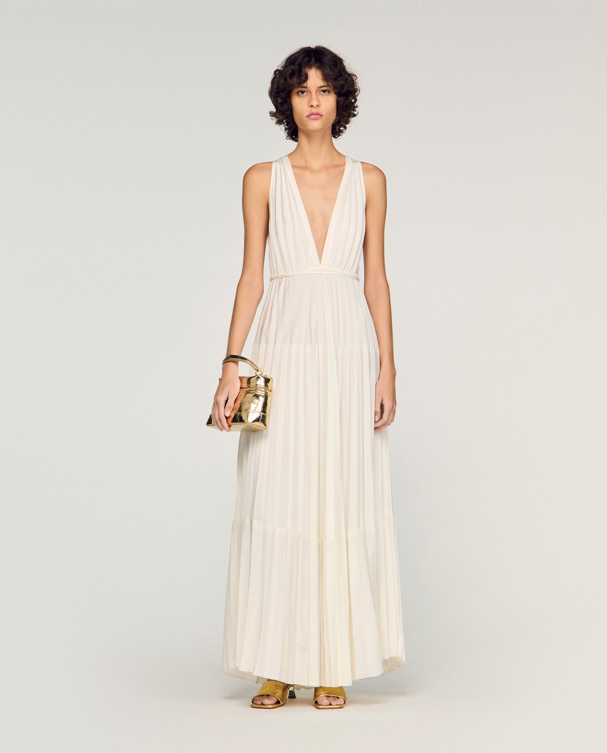 Vestido largo plisado con escote pico - Sandro - Blanco Blanco-5