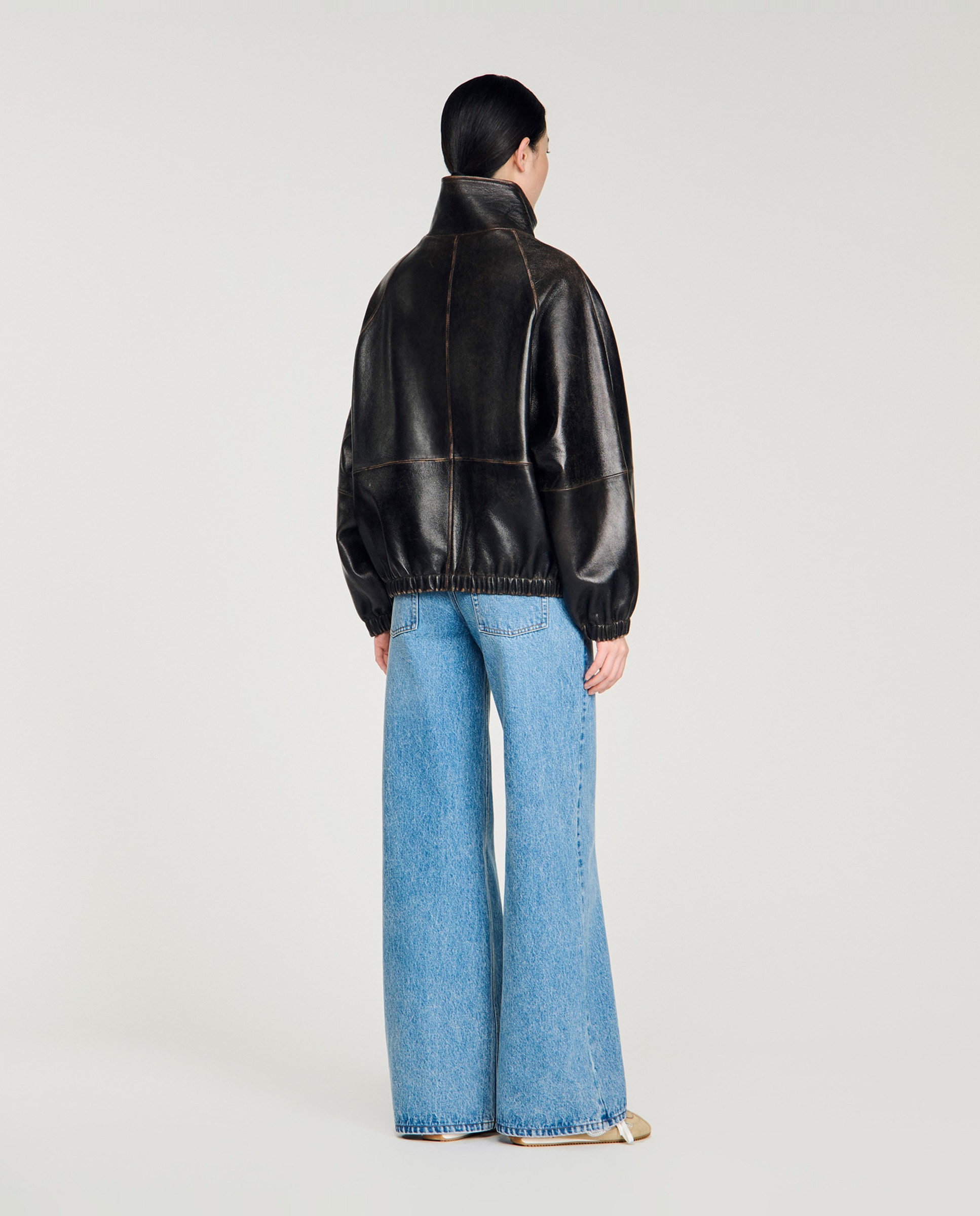 Cazadora oversize de piel envejecida con cuello alto para mujer - Sandro - Marrón Marrón-2