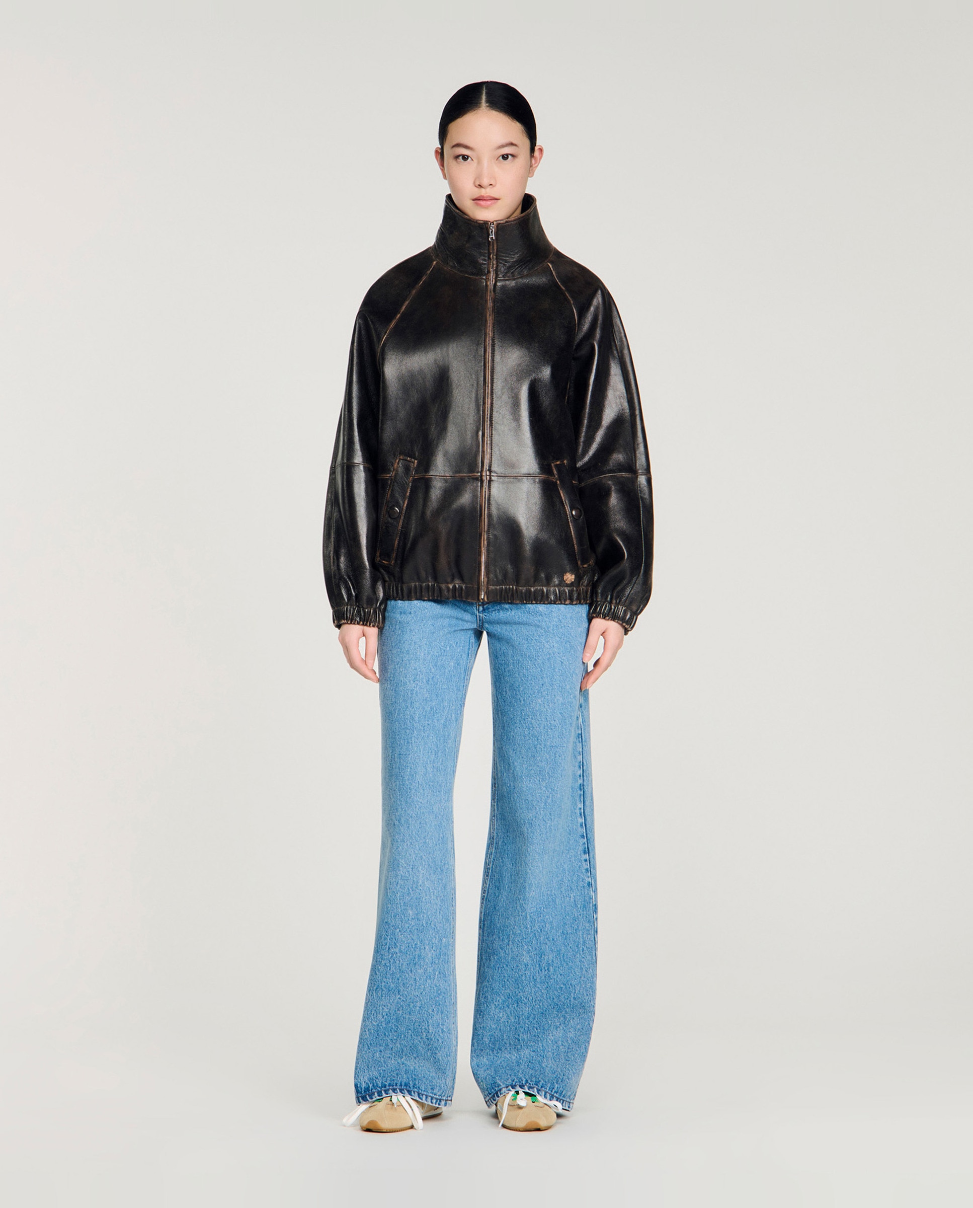 Cazadora oversize de piel envejecida con cuello alto para mujer - Sandro - Marrón Marrón-3