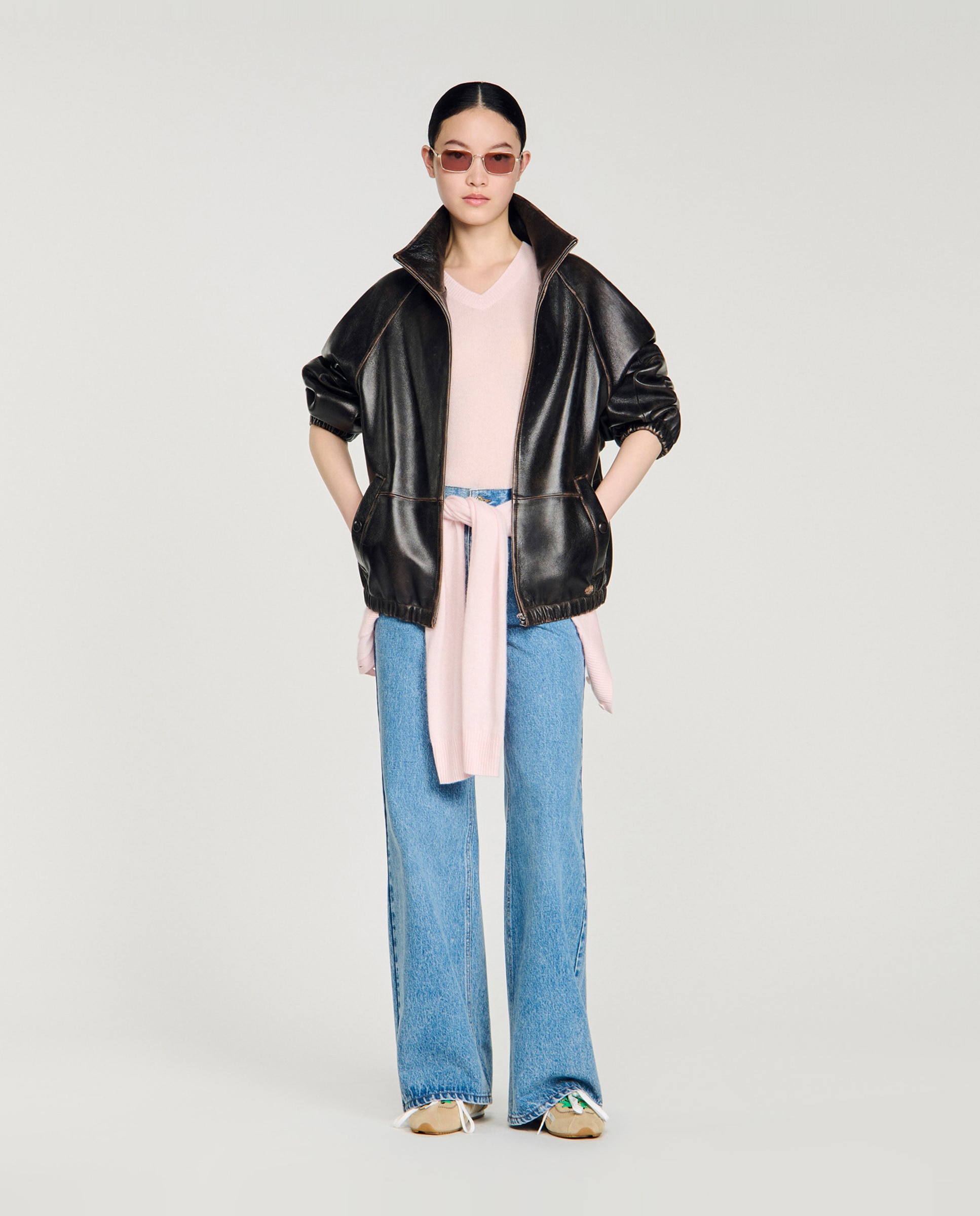Cazadora oversize de piel envejecida con cuello alto para mujer - Sandro - Marrón Marrón-4