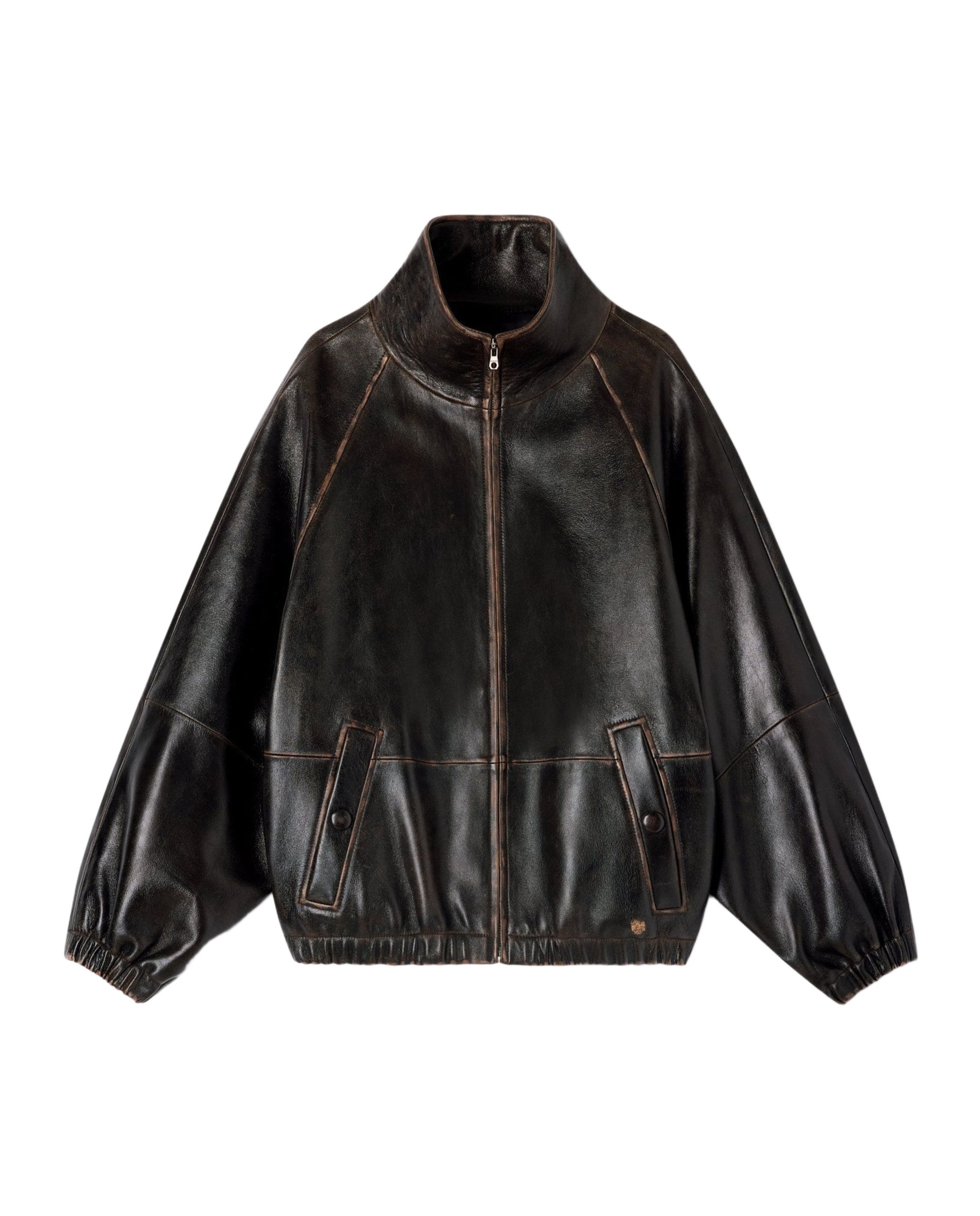 Cazadora oversize de piel envejecida con cuello alto para mujer - Sandro - Marrón Marrón-6
