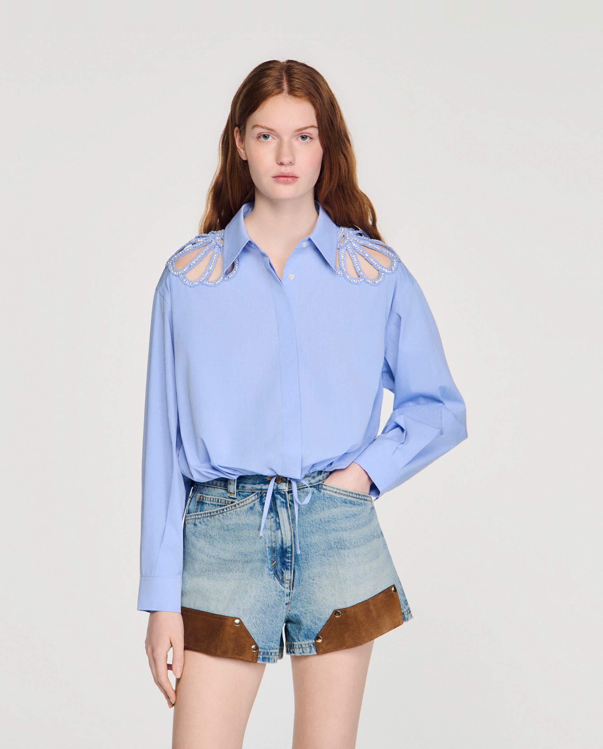Sandro - Camisa de mujer ancha bordada de algodón.