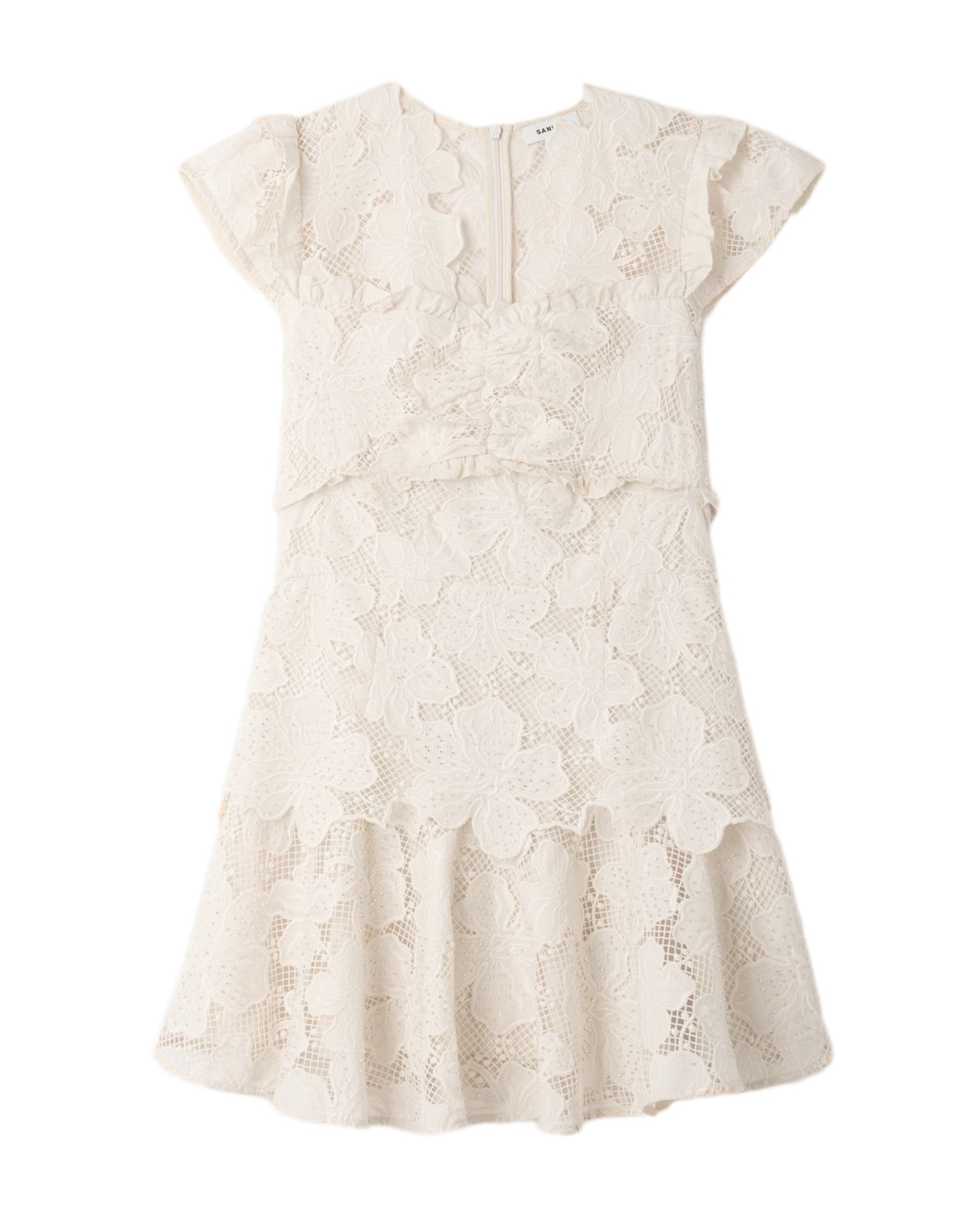Sandro - Vestido corto entallado de guipur con estampado floral.