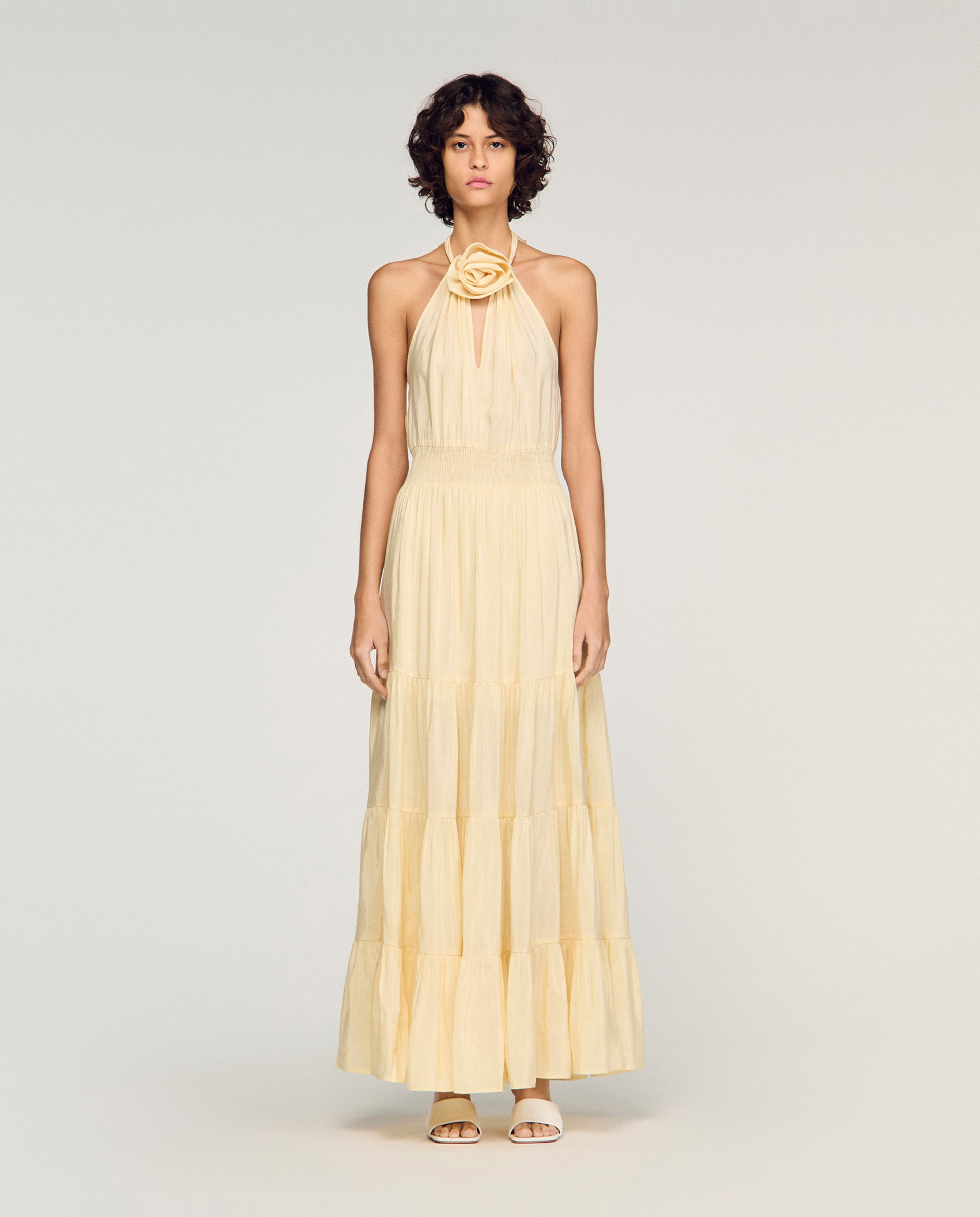 Sandro - Vestido largo acampanado con espalda descubierta con lino.