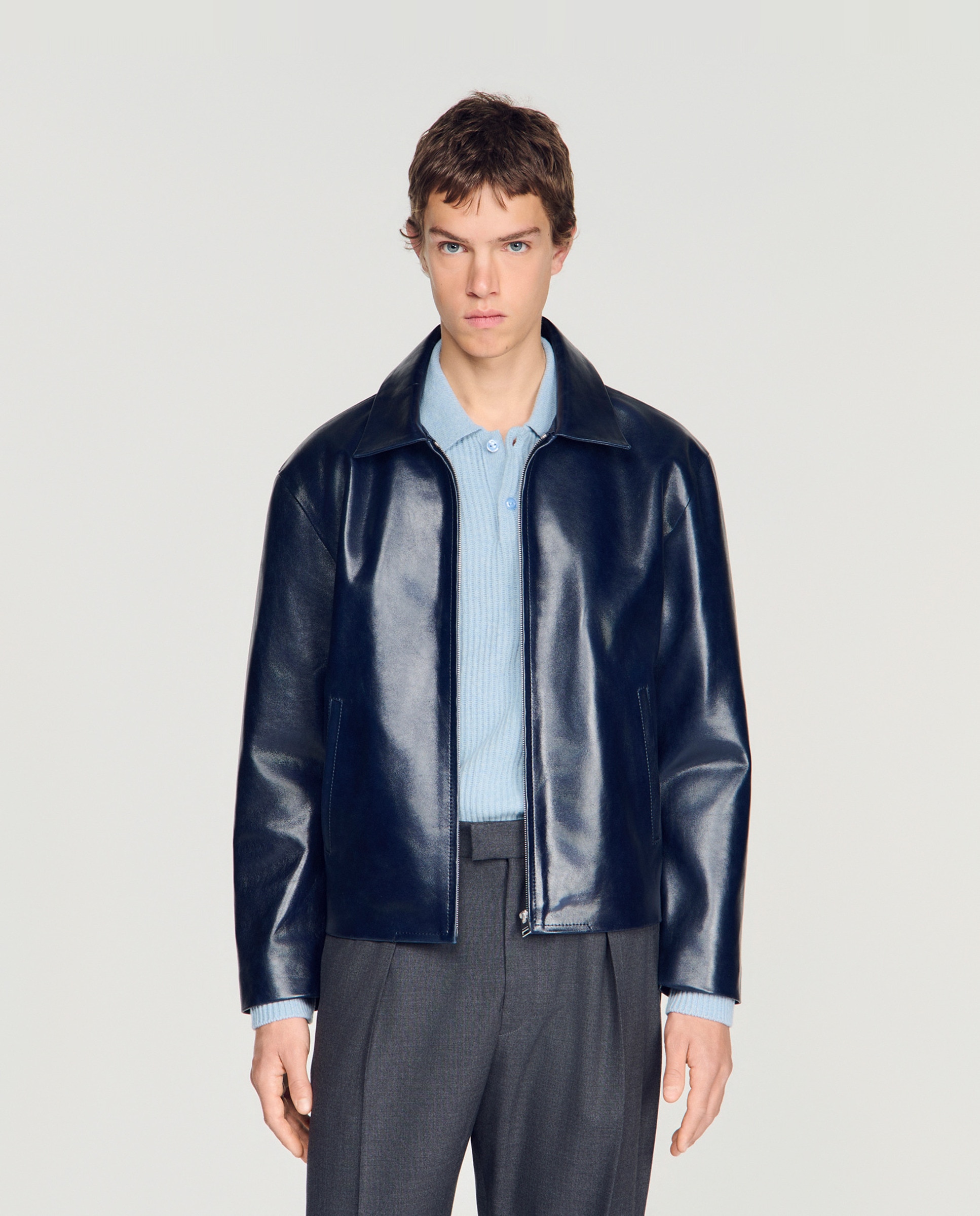 Cazadora de hombre de piel con cuello clásico - Sandro - Azul marino Azul marino-1