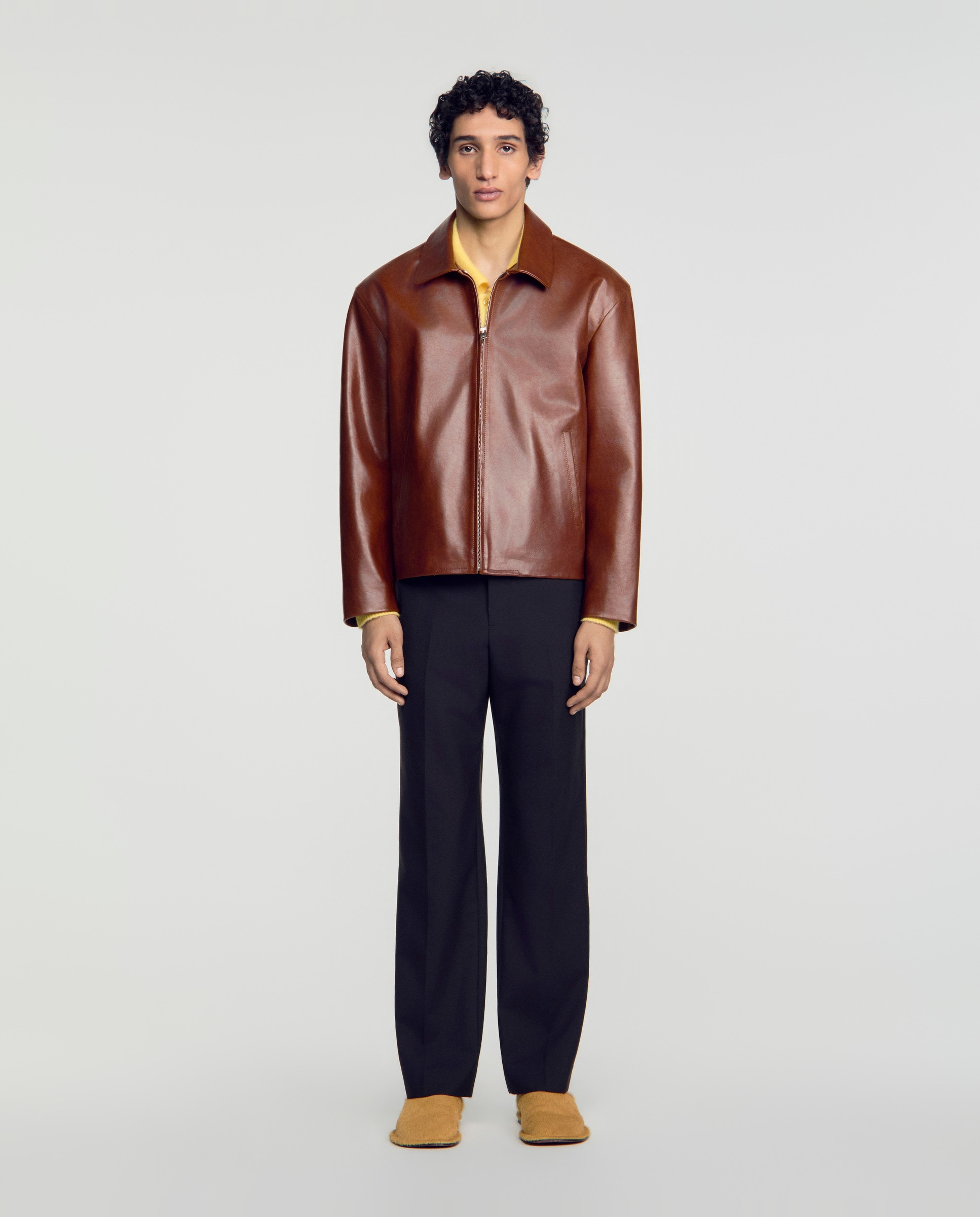Cazadora de piel de hombre con cuello camisero y cremallera - Sandro - Camel Camel-3