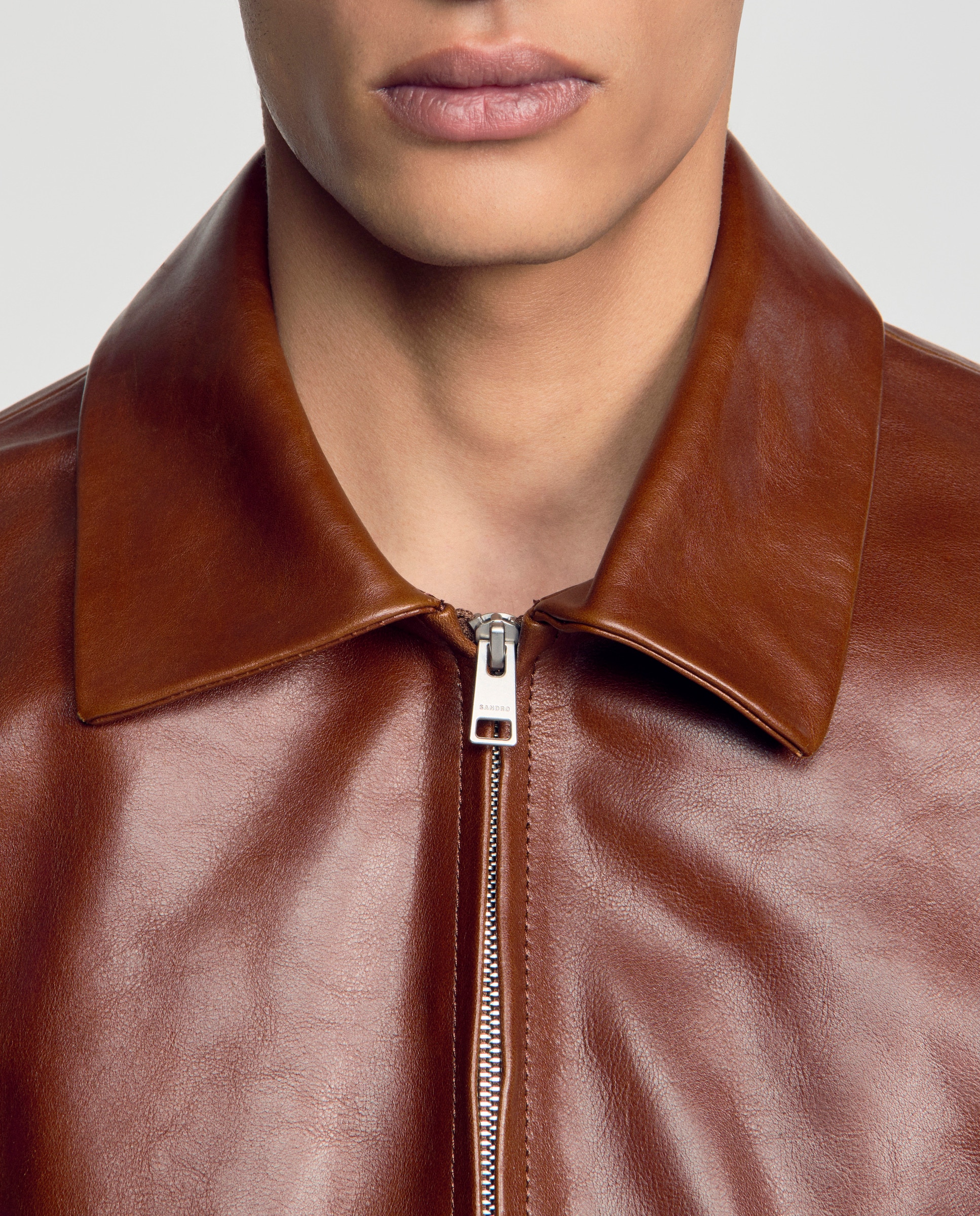 Cazadora de piel de hombre con cuello camisero y cremallera - Sandro - Camel Camel-4