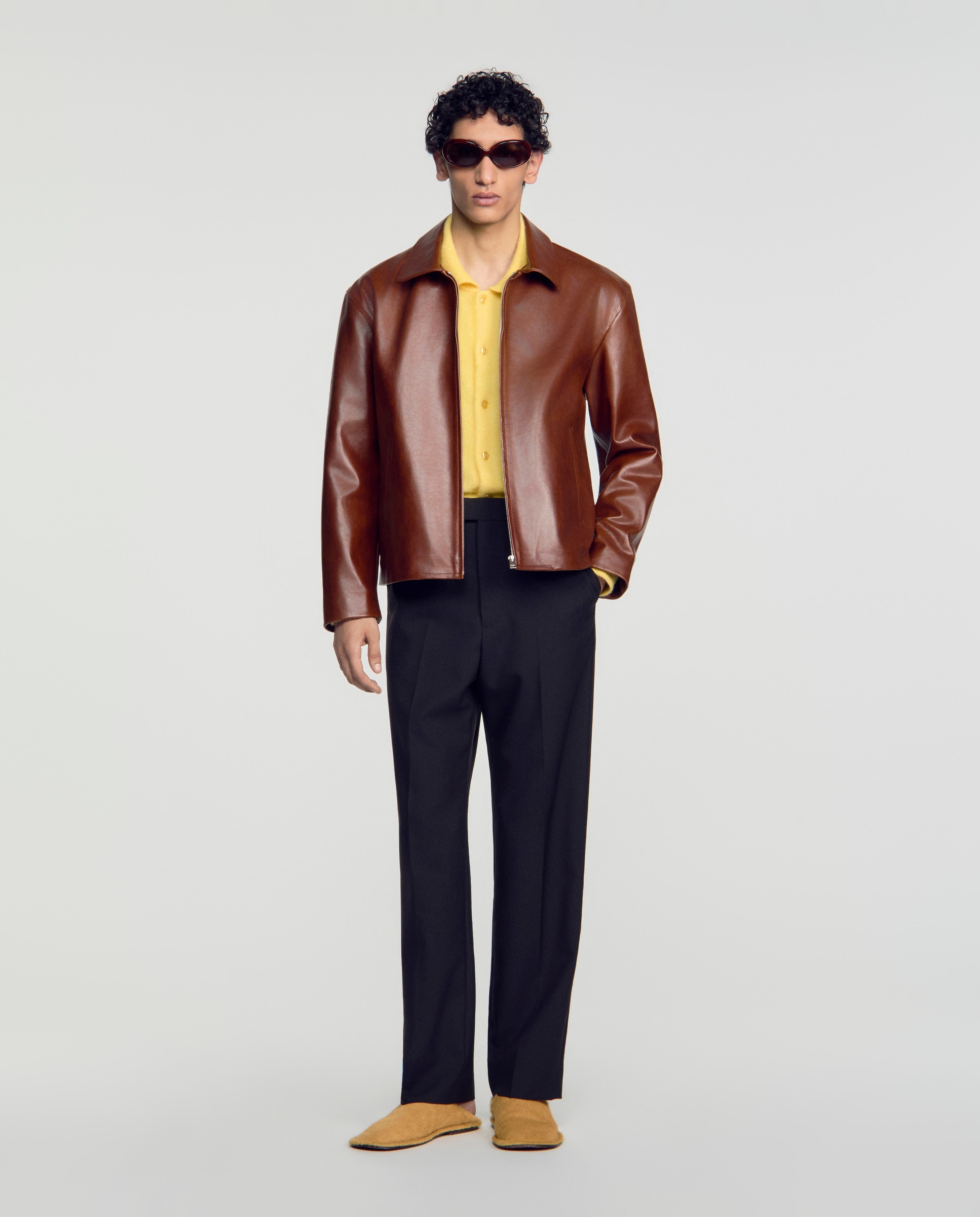 Cazadora de piel de hombre con cuello camisero y cremallera - Sandro - Camel Camel-5