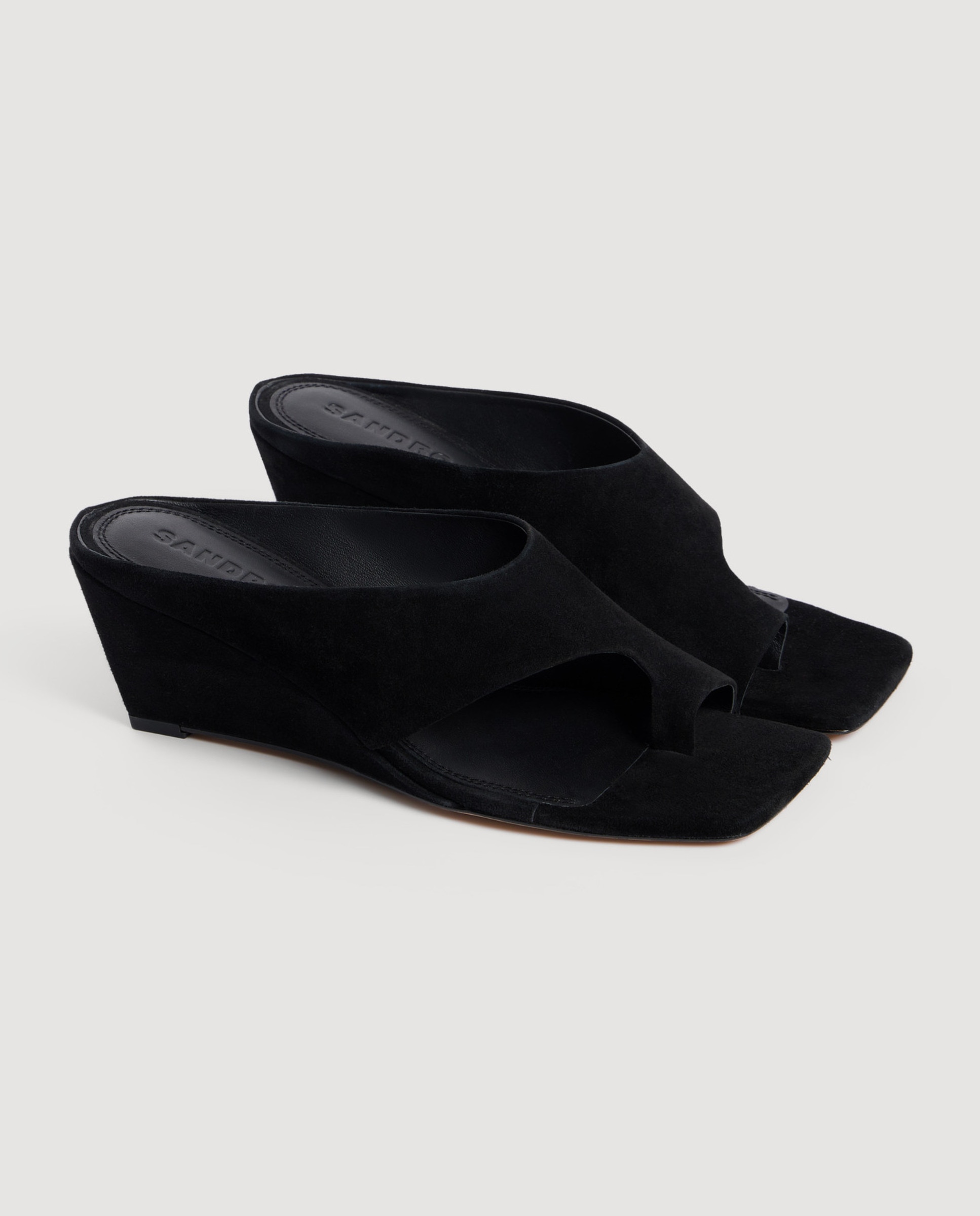 Sandalias de cuña de mujer de ante con tira entre los dedos - Sandro - Negro Negro-4
