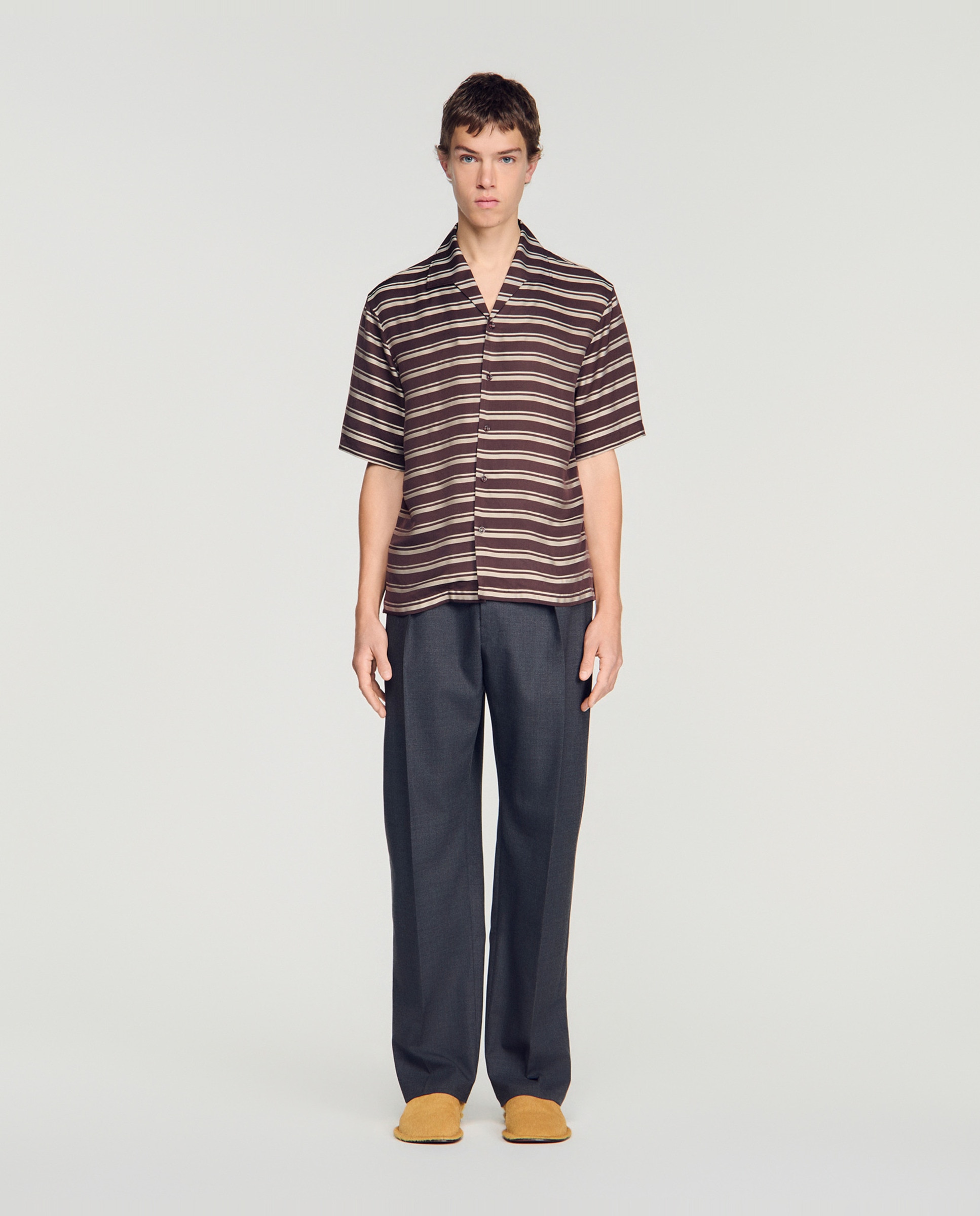 Camisa de hombre corte ancho rayas cuello barco - Sandro - Marrón oscuro Marrón oscuro-3