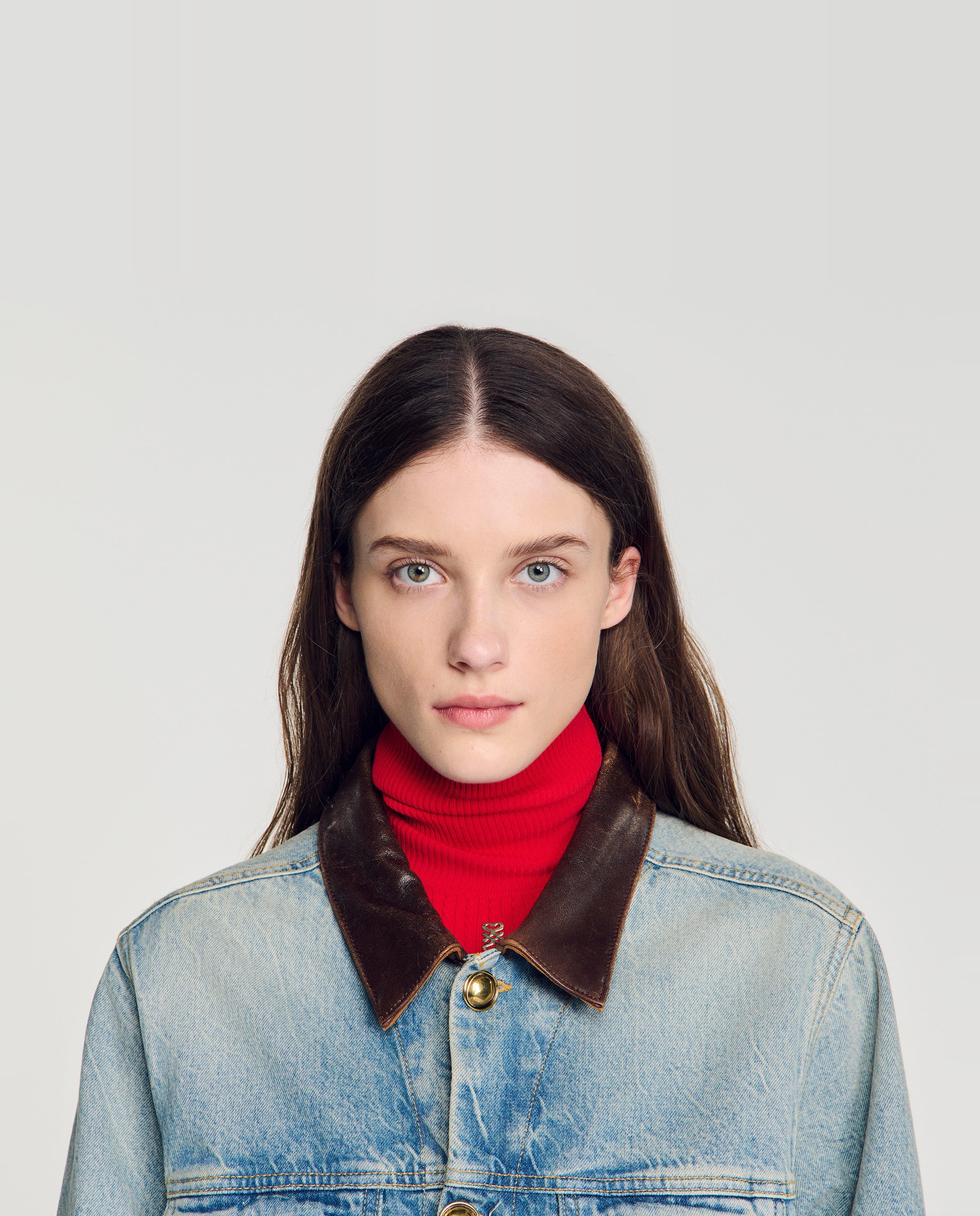 Cazadora de mujer 100% algodón vaquera ancha con cuello de piel - Sandro - Azul Azul-5